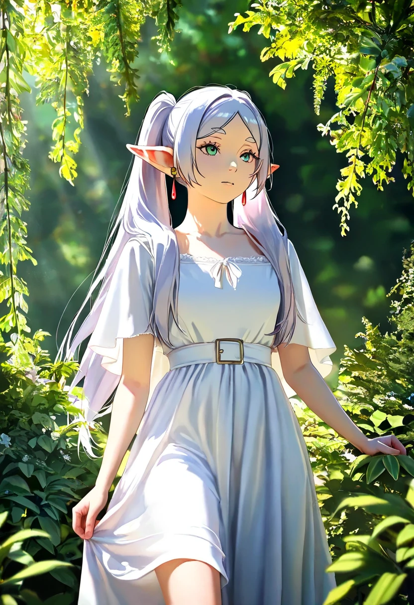 Frieren, (Race: Elf, Long pointed ears), detailed face, piercing eyes, elegant flowing dress, sunlight filtering through the trees, lush greenery, photorealistic, cinematic lighting, dramatic colors, fantasy, highly detailed, intricate background, away from the camera, anatomically correct