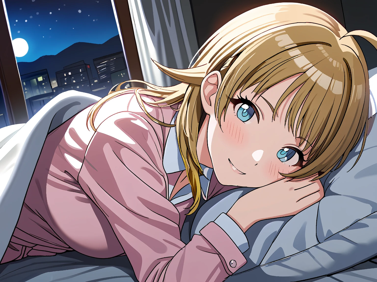 (masterpiece), (Highest quality), (Very detailed), (The best shape), (Best Shadow), (Absurd), (Detailed Background), (so beautiful), Shiny, Beautiful eyes in every detail, Extraordinary, Countershading, 8k, 32K, High resolution, Very Detailed CG,

Hachimiya Meguru, blonde hair, long hair, (blue eyes:1.2),
the idolmaster shiny colors,
anime style,
realistic skin,

(blush:1.3),
smile,
bedroom,
pajamas ,
pov across bed,
bed invitation,  lifting covers,
(pich-Dark Room:1.2),
(late night,:1.3)
わずかな明かり,
closed-up shot,