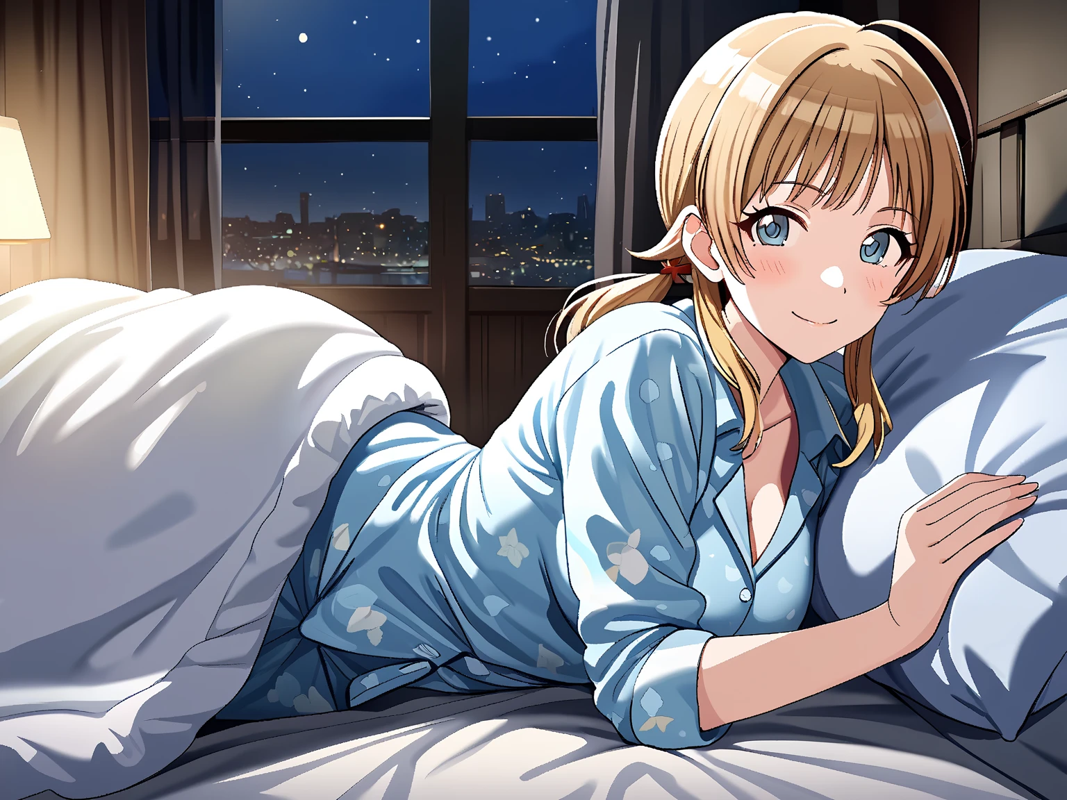 (masterpiece), (Highest quality), (Very detailed), (The best shape), (Best Shadow), (Absurd), (Detailed Background), (so beautiful), Shiny, Beautiful eyes in every detail, Extraordinary, Countershading, 8k, 32K, High resolution, Very Detailed CG,

Hachimiya Meguru, blonde hair, long hair, (blue eyes:1.2),
the idolmaster shiny colors,
anime style,
realistic skin,

(blush:1.3),
smile,
bedroom,
pajamas ,
pov across bed,
bed invitation,  lifting covers,
(pich-Dark Room:1.2),
(late night,:1.3)
わずかな明かり,
closed-up shot,