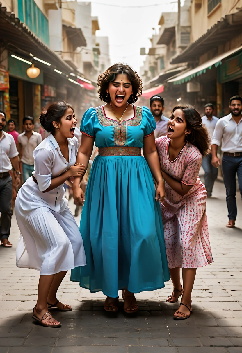 a high quality cartoon illusion of two (American) beautiful big puffy girls punching a boy in the face at the (UAE) market, lifting abyasa dress, the boy laying down on the floor, crowd of girls harassing the boy cheering and tossing coins and money, waving money, one naughty girl ripping off his shirt. street photography, vibrant colors, chaotic scene, outdoor, multiple people, dramatic lighting, action shot, motion blur, dynamic poses, cultural diversity, real emotions, urban setting, candid moment, intense expression, traditional clothing, social commentary.