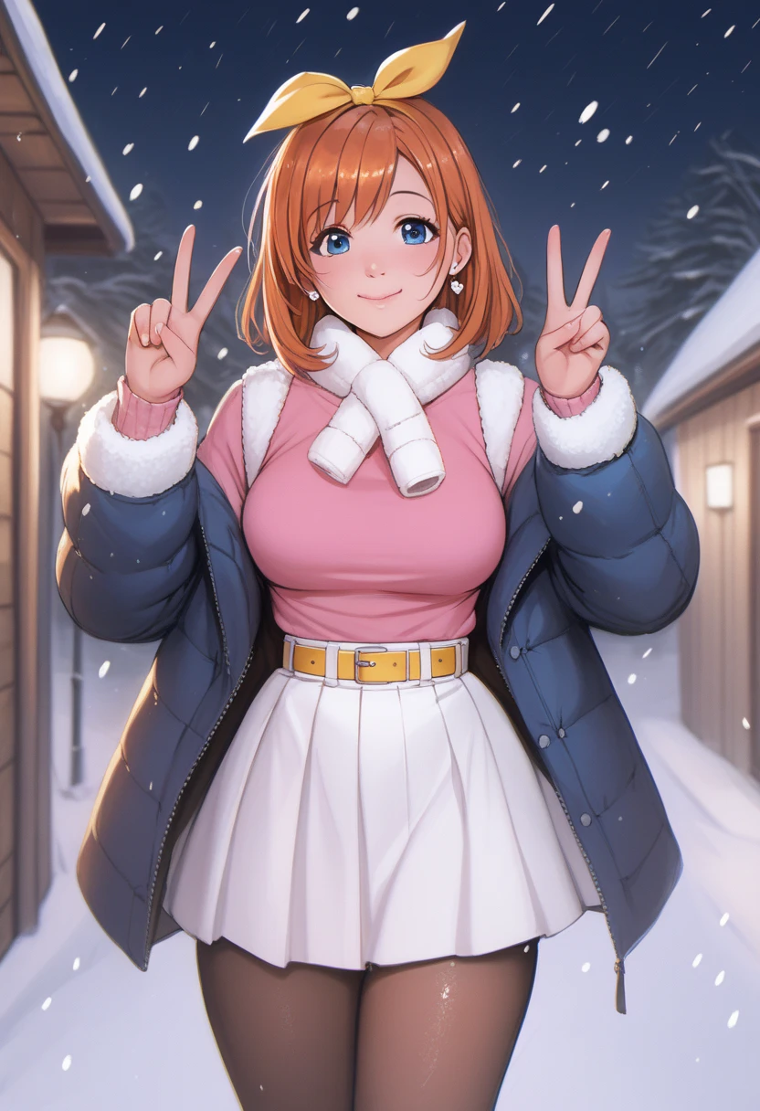 score_9, score_8_up, score_7_up, score_6_up,Shiny skin, kousaka honoka, blue eyes, beautiful, winter clothes, breathing, dark Orange hair, night, snowing, cowboy shot,pink shirt,white open crop vest, v, earrings, white skirt, yellow belt, happy,hair ribbon,p4l0m4, breasts,thighs,web comic,hentai, thighs, closed mouth, pantyhose, looking at viewer