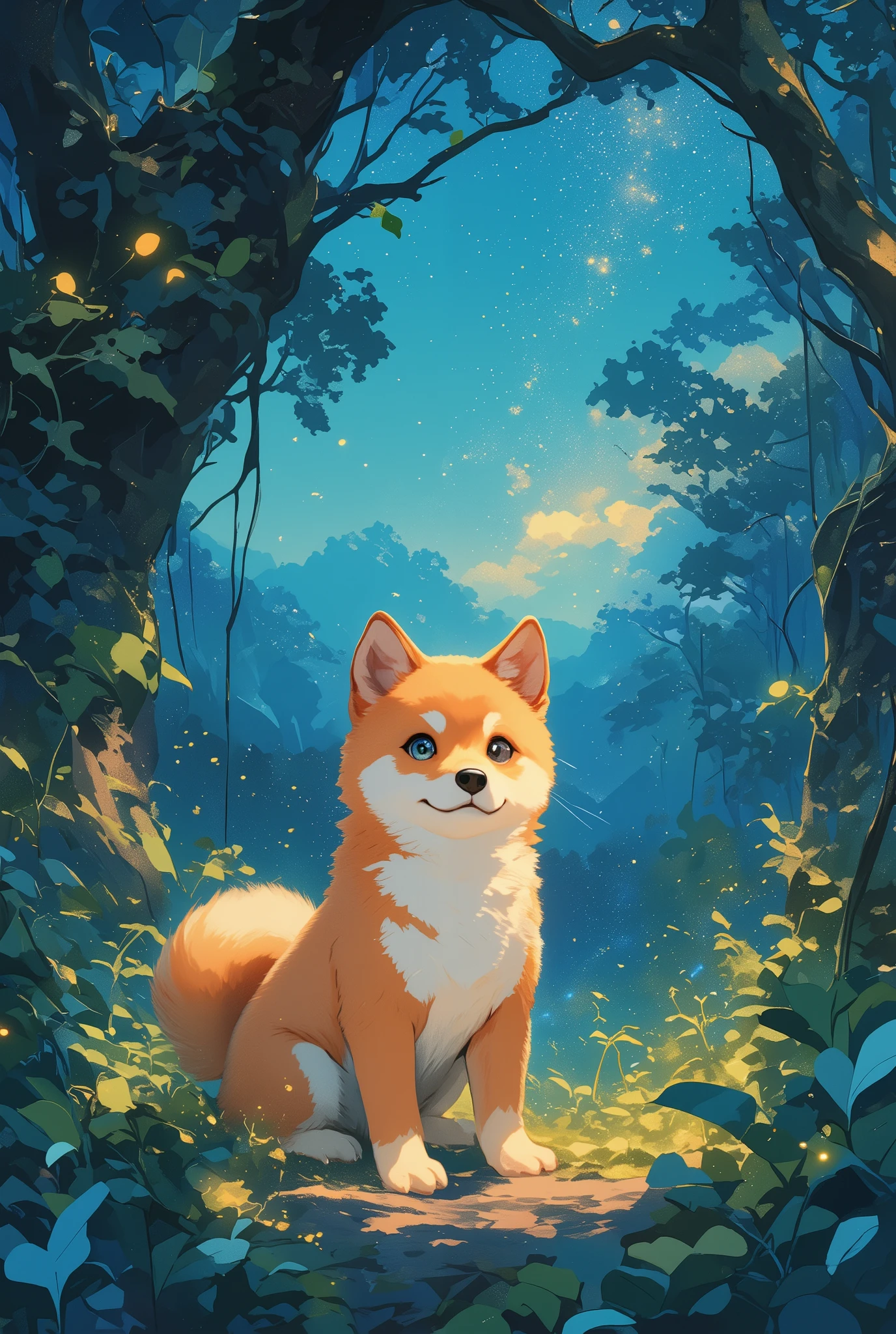 Cute Shiba Inu puppy, geometric, pastel tones, a starry night sky over a quiet forest, the Milky Way stretching across the heavens, faint fireflies glowing between ancient trees.
