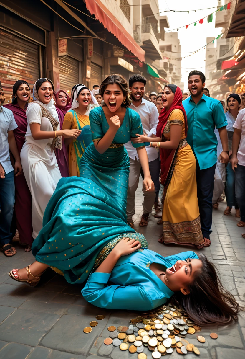 a high quality cartoon illusion of two (American) beautiful big puffy girls punching a boy in the face at the (UAE) market, lifting abyasa dress, the boy laying down on the floor, crowd of girls harassing the boy cheering and tossing coins and money, waving money, one naughty girl ripping off his shirt. street photography, vibrant colors, chaotic scene, outdoor, multiple people, dramatic lighting, action shot, motion blur, dynamic poses, cultural diversity, real emotions, urban setting, candid moment, intense expression, traditional clothing, social commentary.