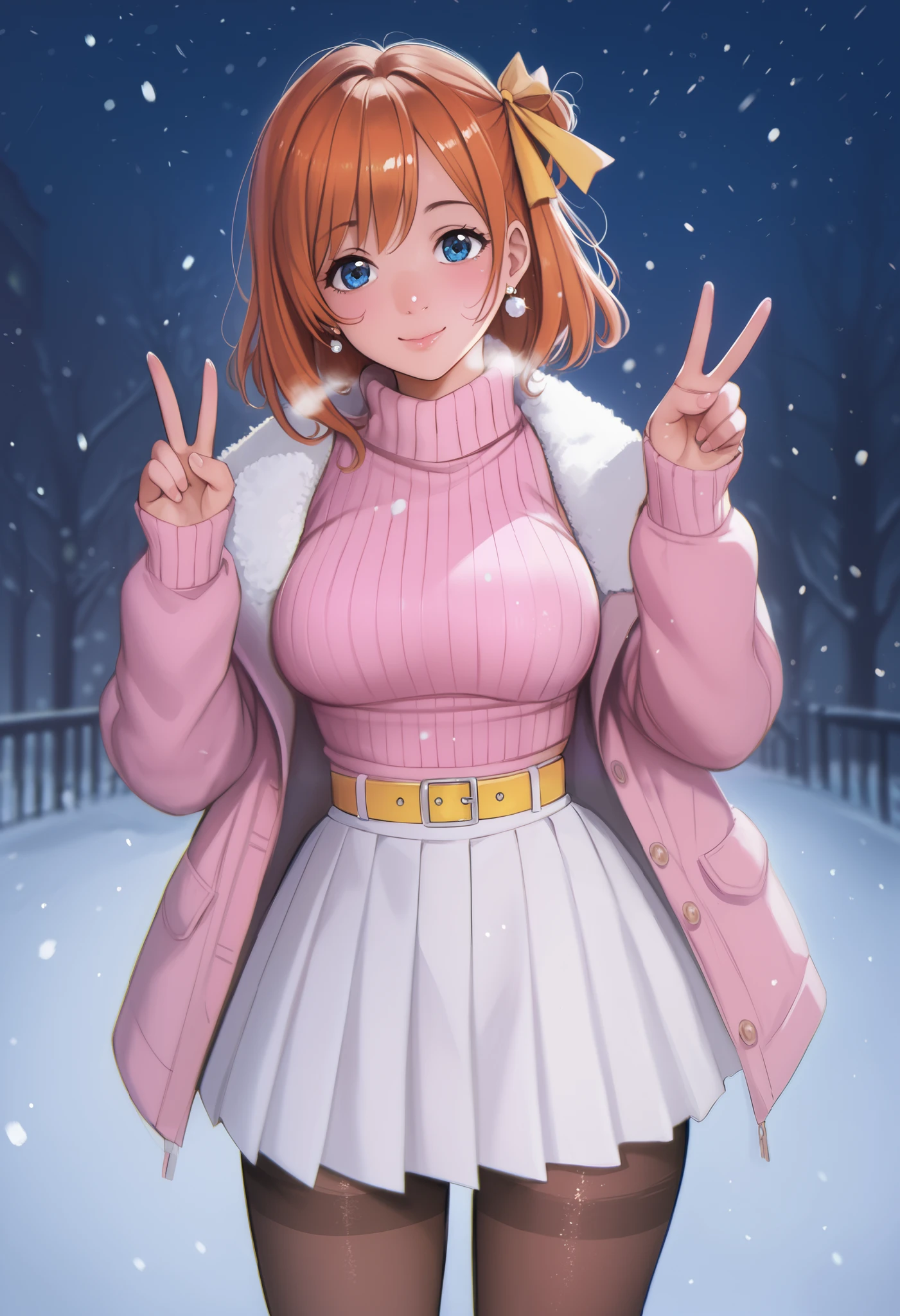 score_9, score_8_up, score_7_up, score_6_up,Shiny skin, kousaka honoka, blue eyes, beautiful, winter clothes, breathing, dark Orange hair, night, snowing, cowboy shot,pink shirt,white open crop vest, v, earrings, white skirt, yellow belt, happy,hair ribbon,p4l0m4, breasts,thighs,web comic,hentai, thighs, closed mouth, pantyhose, looking at viewer