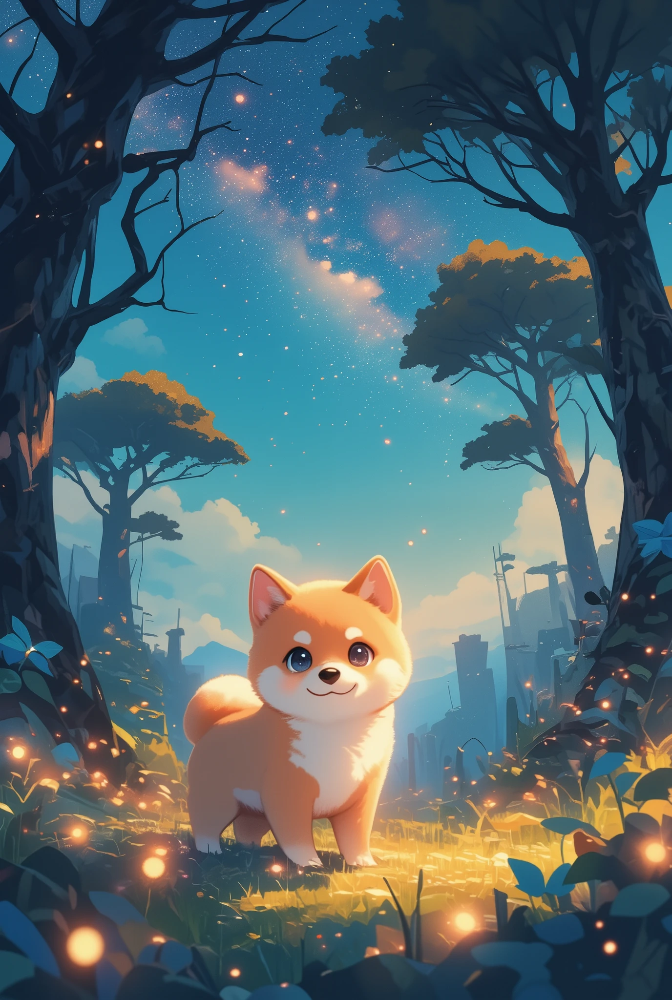 ((Cute Shiba Inu puppy)), Surrealistic, Geometric Patterns, (Pastel Tones), a starry night sky over a quiet forest, the Milky Way stretching across the heavens, faint fireflies glowing between ancient trees.