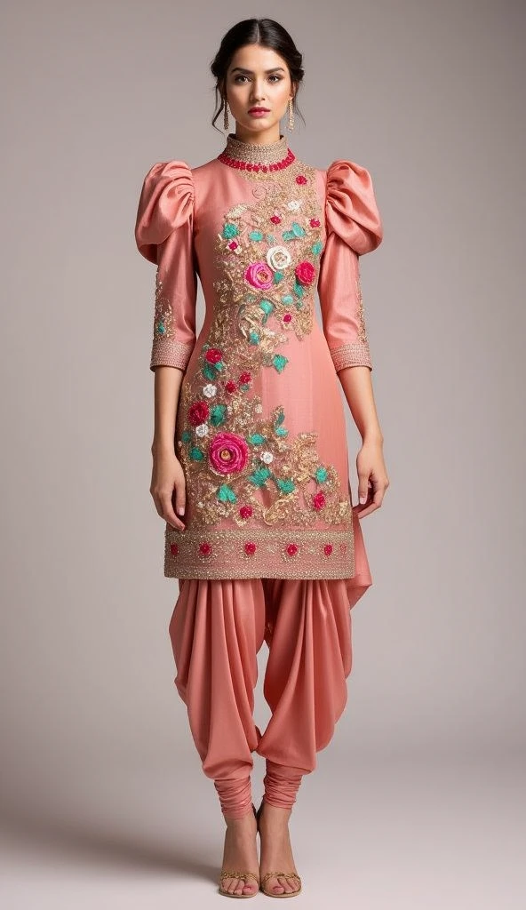 a tall and striking woman exudes confidence and charm with a flirtatious expression. she is adorned in a stunning punjabi style slimfit outfit featuring a blush peach lame fabric and multicolor sequins work floral design with high neck kurti paired with a matching dhoti style shalwar.the kurti showcases exaggerated puffy shoulders,adding a dramatic flair to her look, and the slimfit 3/4 sleeves offer an elegant touch. her ensemble is completed with high heels, which accentuate her poised stance. the overall effect is both sophisticated and alluring, perfectly capturing her graceful and bold presence.