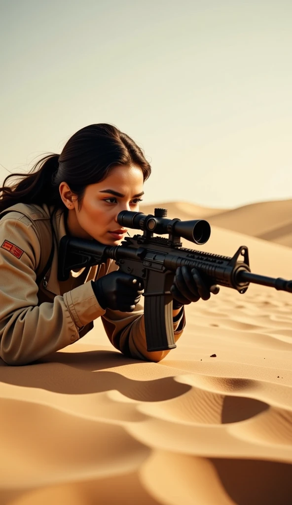 A beautiful French girl portrayed in a 3D ultra-realistic cinematic scene in 8K resolution, serving in the elite Commandement des Opérations Spéciales (COS). She is positioned in a prone stance on a desert terrain, carefully aiming through the scope of an advanced sniper rifle. Her tactical combat gear blends seamlessly with the arid surroundings, and her focused expression exudes professionalism and precision. The sandy winds lightly ripple across the desert, with distant dunes and a golden-hued sky framing the intense scene. Her presence captures the strength and dedication of a highly trained special forces operative in the heat of a mission.
