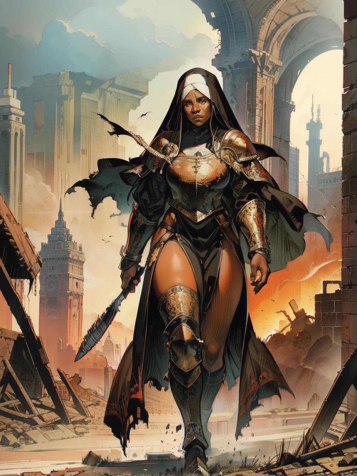 beautiful highly detailed illustration of a black woman, full body, dreadlook hair, warrior nun, (armor), crimson fog and mist, desolate scenery, walking in ruins of a city, high quality, masterpiece, symmetrical, detailed
