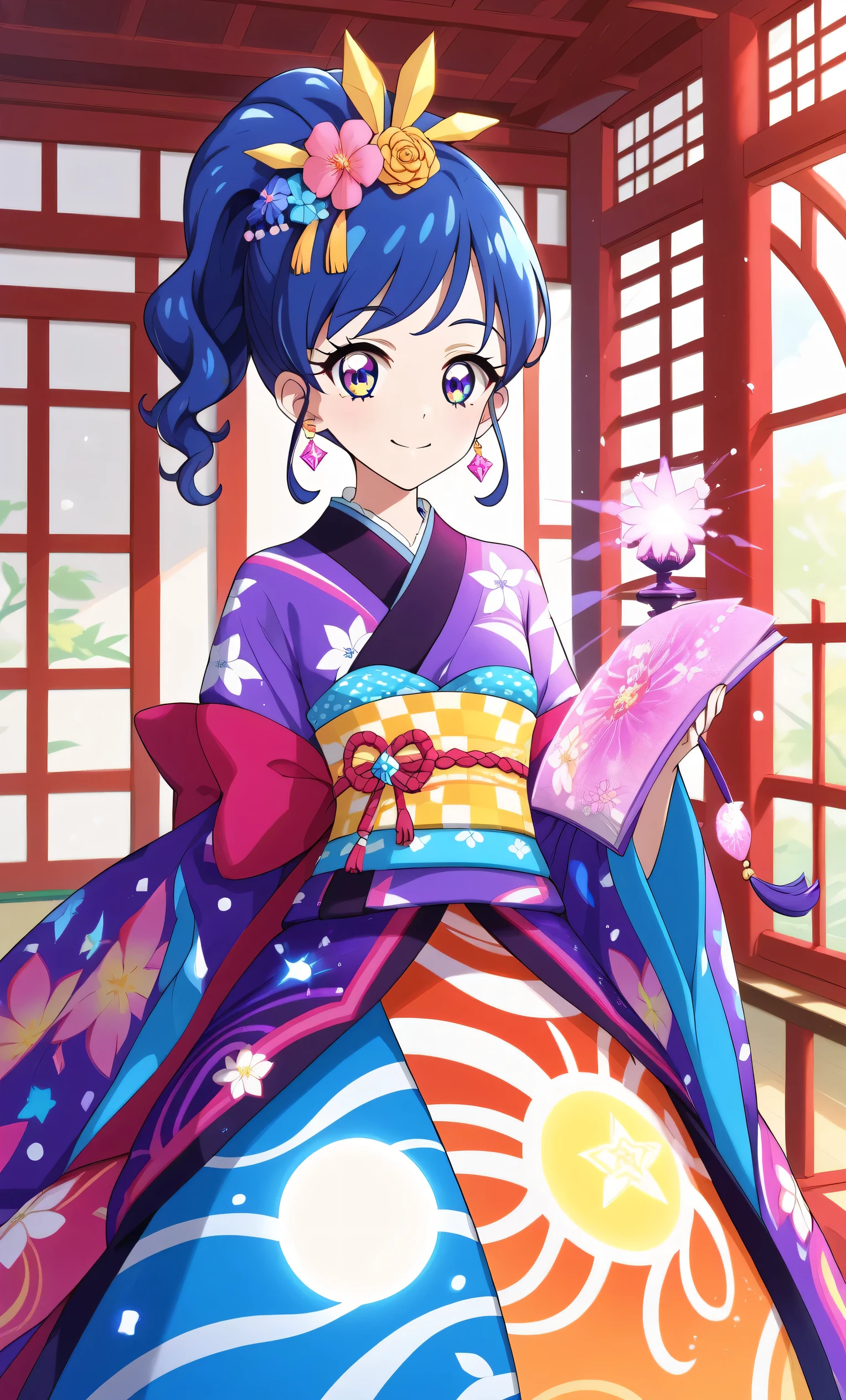 Aikatsu,, masterpiece, top quality, super detailed, super detailed skin, very delicate and beautiful, beautiful detailed eyes, in1, 8K, miniature, (phantom impact), small smile, dark effect, camellia flower pattern on kimono (black), whole body paint, hair ornament, geta, glowing decoration, purple glowing electric shock, glowing skin, hem, obi clasp, inside the shrine, solar eclipse