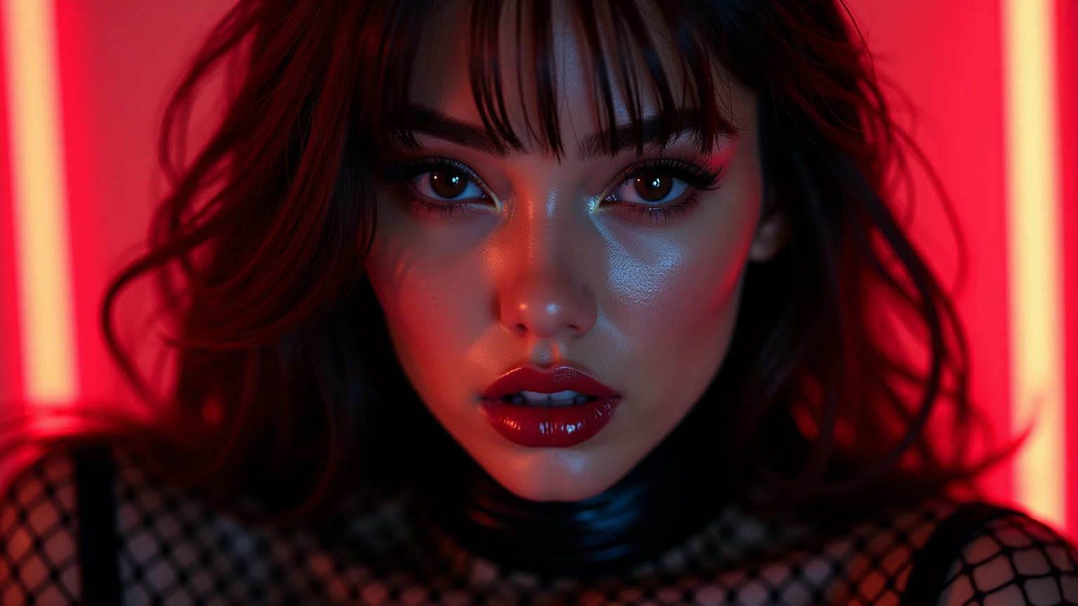 asian woman, young, naked, short curly braids, septum piercing, dimples, thick collar around neck, naughty expression, black latex, red neon lights, dominating smile, close-up, UHD, retina, masterpiece, accurate, anatomically correct, textured skin, super detail, high details, high quality, award winning, best quality, highres
