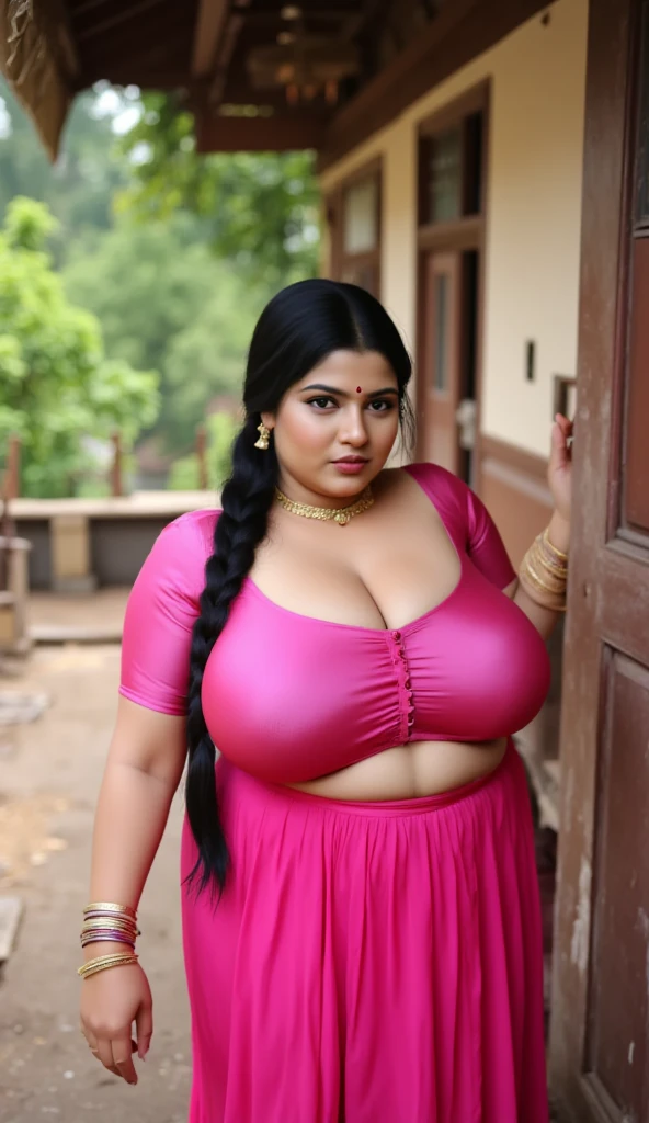  indian chubby woman is wearing a full pink long skirt, village forest hut, satin  front closer blouse,big Deep cleavage,big sexy chest,big ,detailed body and face, big bright eyes, charming, sexy, perfect anatomy, braid hair, detailed background, 8k,big chest, from above 