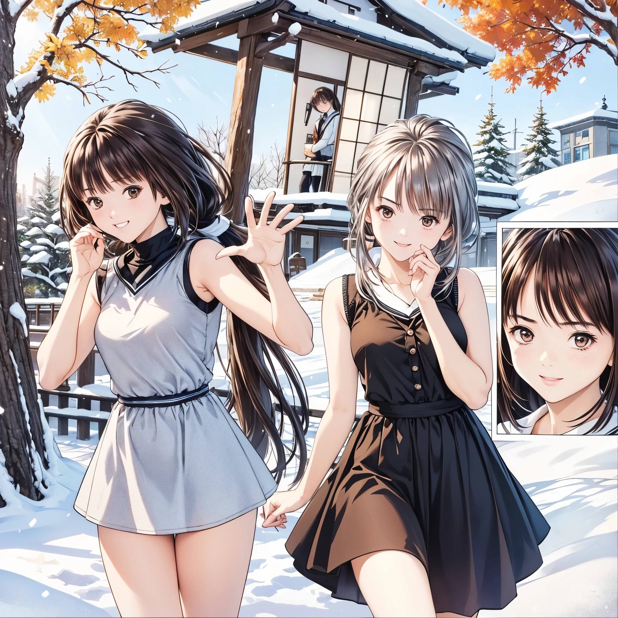 (8k、 top quality 、​masterpiece:1.2)、( realistic、 ultra-detailed、 super A high resolution、 2 girls in 2、(One person has silver hair 、一人はBrown Hair )、 beautiful detailed faces in dark bars、smile、narrow、( slim waist) :1.3)、Autumn Clothes、  、 Skin Texture 、Floating Hair、  PROFESSIONAL LIGHTING IN A TRENDY PARISIAN CAFE  、服 人体全体、Brown Hair、Shy、Mikity、 romantic in the snow、((Junior high school students