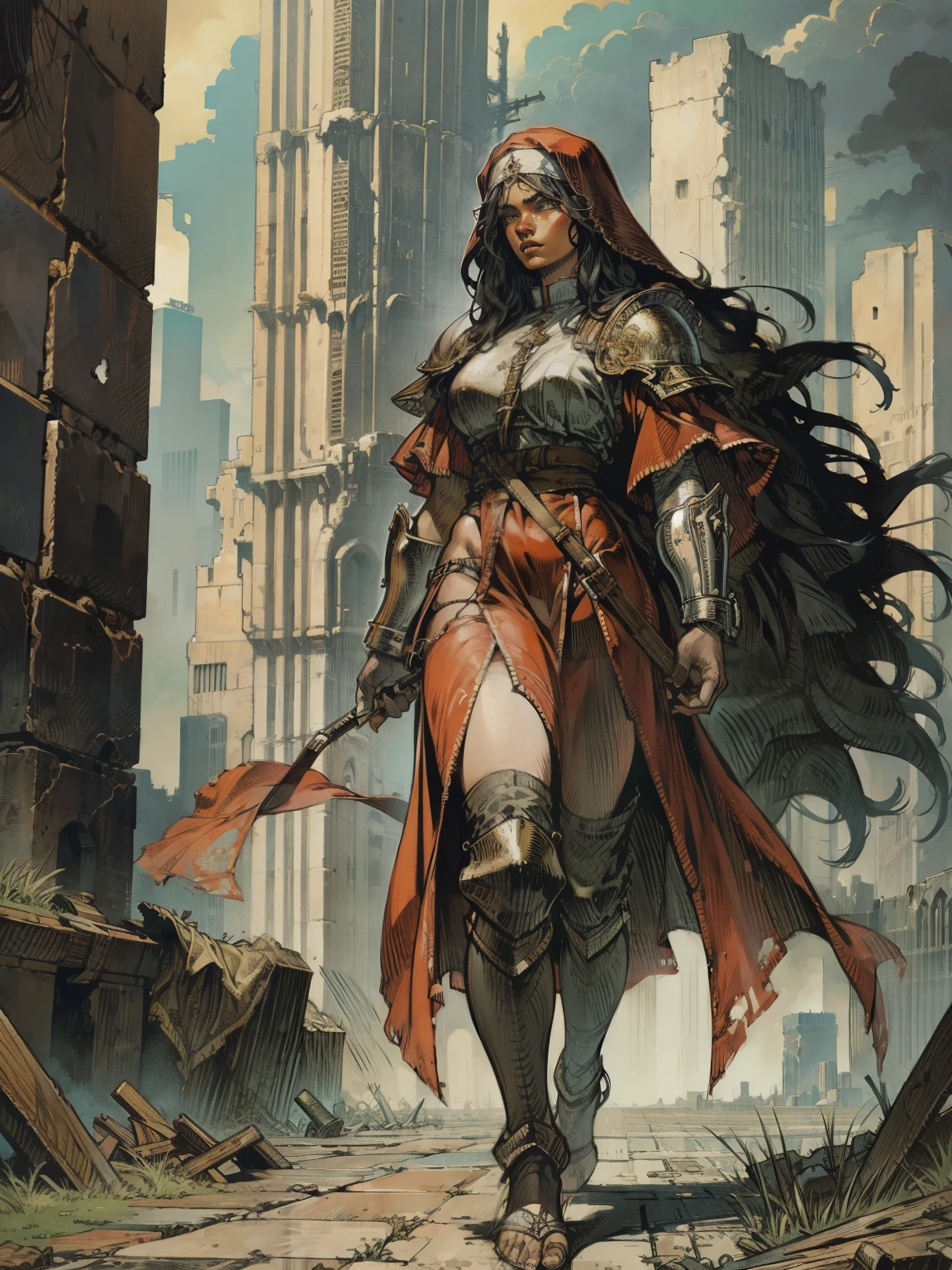 beautiful highly detailed illustration of a black woman, full body, dreadlook hair, warrior nun, (armor), crimson fog and mist, desolate scenery, walking in ruins of a city, high quality, masterpiece, symmetrical, detailed