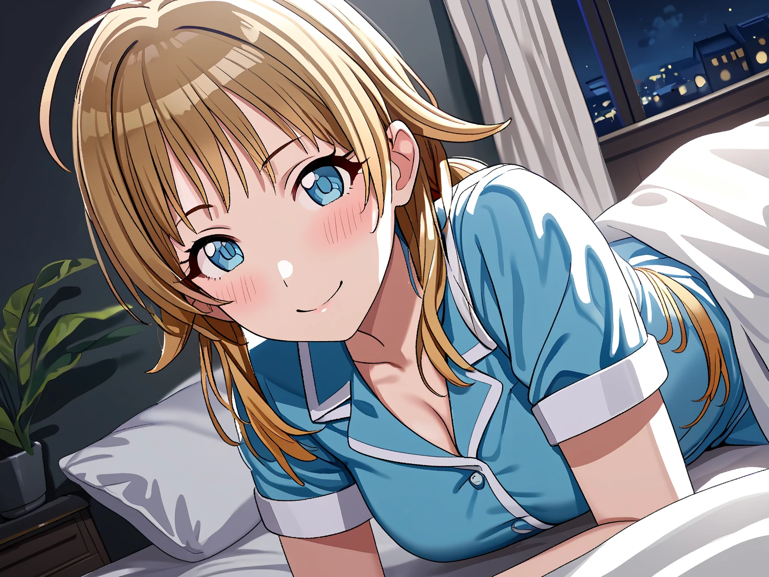 (masterpiece), (Highest quality), (Very detailed), (The best shape), (Best Shadow), (Absurd), (Detailed Background), (so beautiful), Shiny, Beautiful eyes in every detail, Extraordinary, Countershading, 8k, 32K, High resolution, Very Detailed CG,

Hachimiya Meguru, blonde hair, long hair, (blue eyes:1.2),
the idolmaster shiny colors,
anime style,
realistic skin,

(blush:1.3),
smile,
bedroom,
pajamas ,
pov across bed,
bed invitation,  lifting covers,
(pich-Dark Room:1.2),
(late night,:1.3)
わずかな明かり,
closed-up shot,
dramtic angle,