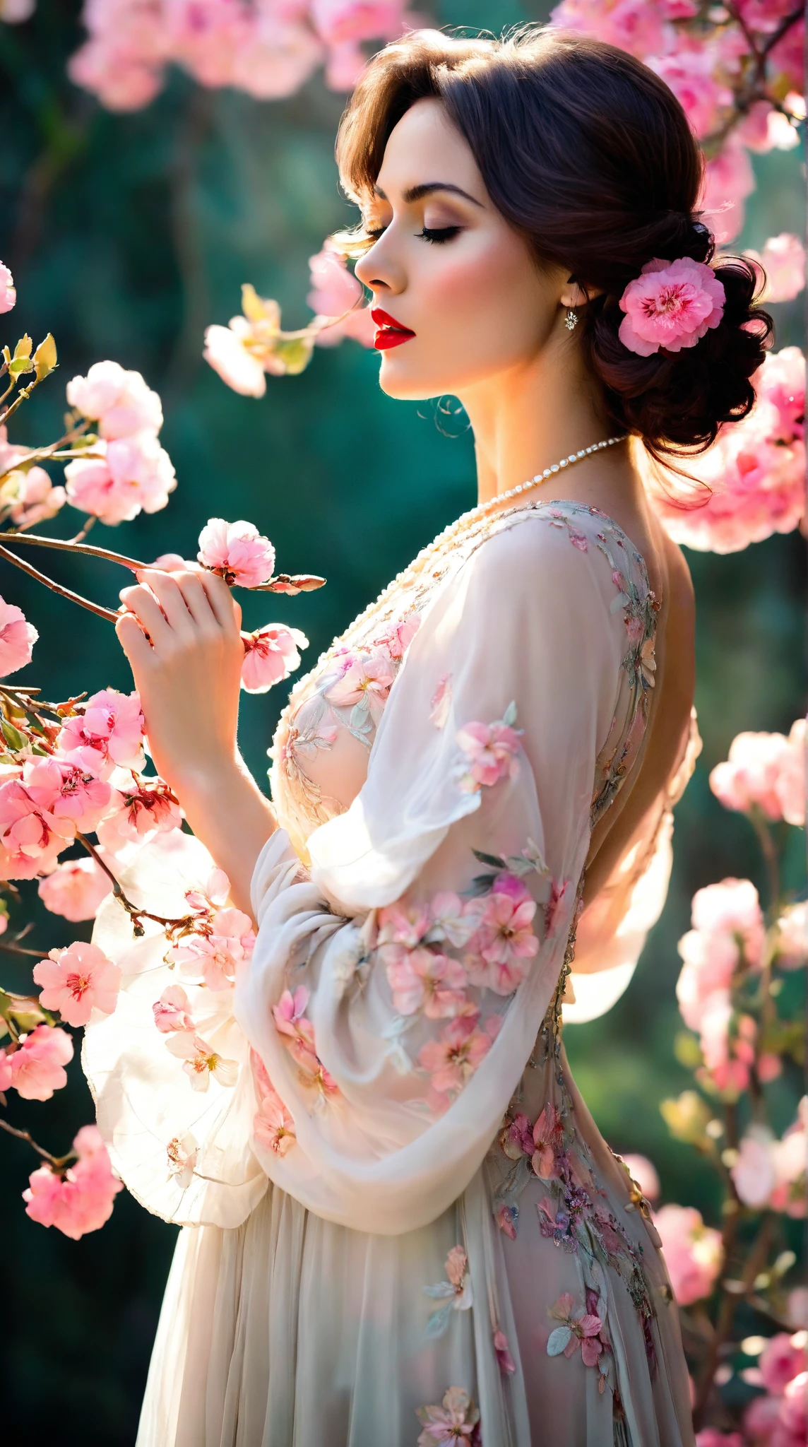 In a whimsical floral backdrop, a graceful European woman elegant shot from the 1920s stands in elegant poise, embodying a dreamlike essence. Her delicate features glow softly, illuminated by the ethereal light filtering through lush, pastel blossoms. Dark waves of hair cascade gently around her shoulders, framing her serene expression.

She wears a flowing gown of bright magical pink radiants one of a kind silk that billows delicately, enhancing her tranquil presence. Her striking red lips provide a vivid contrast, infusing life into the soft, monochromatic hues of the scene.

The artwork is reminiscent of an enchanting ink painting, where fluid brush strokes and intricate line work convey a sense of nostalgia and magic. Soft shades of ink merge seamlessly, while the background bursts with an array of pastel flowers, evoking a breathtaking, dreamlike atmosphere. This composition radiates tranquility and romance, inviting viewers into a timeless moment that feels both captivating and ephemeral.