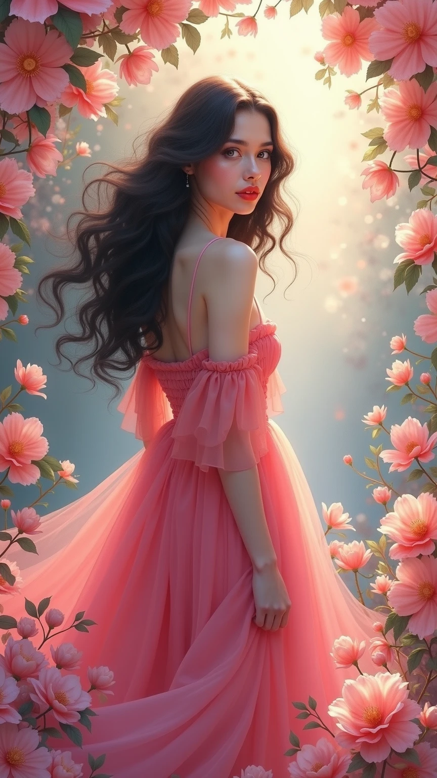 In a whimsical floral backdrop, a graceful European woman full body elegant shot from the 1920s stands in elegant poise, embodying a dreamlike essence. Her delicate features glow softly, illuminated by the ethereal light filtering through lush, pastel blossoms. Dark waves of hair cascade gently around her shoulders, framing her serene expression.

She wears a flowing gown of bright magical pink radiants one of a kind silk that billows delicately, enhancing her tranquil presence. Her striking red lips provide a vivid contrast, infusing life into the soft, monochromatic hues of the scene.

The artwork is reminiscent of an enchanting ink painting, where fluid brush strokes and intricate line work convey a sense of nostalgia and magic. Soft shades of ink merge seamlessly, while the background bursts with an array of pastel flowers, evoking a breathtaking, dreamlike atmosphere. This composition radiates tranquility and romance, inviting viewers into a timeless moment that feels both captivating and ephemeral.