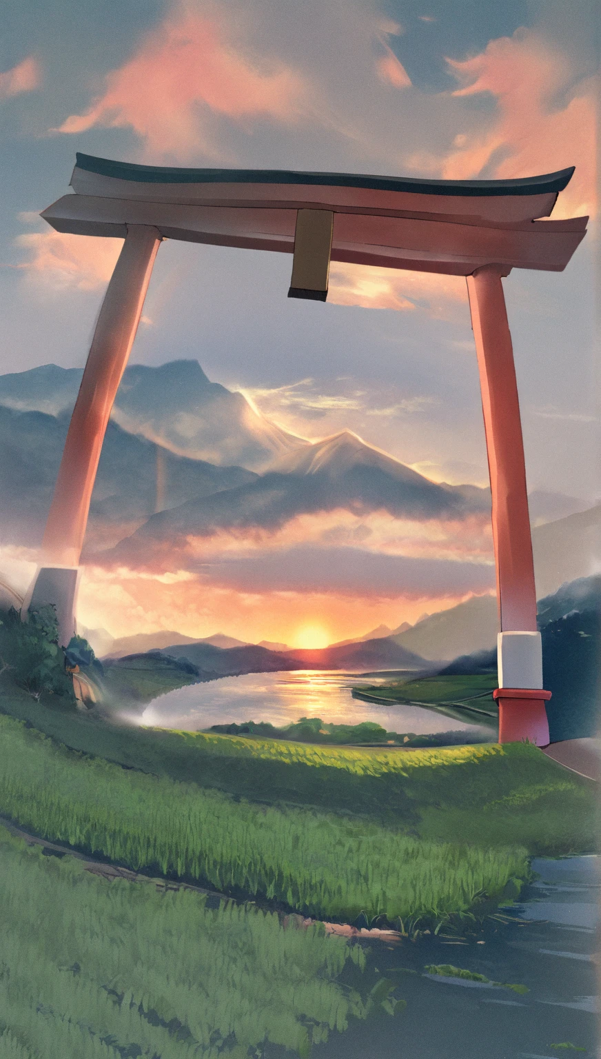   there is a stone torii gate on the mountain in the middle of a rural rice field,   The view from there is so beautiful 、It purifies the soul  .、 and the beautiful scenery of the lake ,   rice paddies and sunsets  、  there are no street lights  &#39;Really rural  .、It&#39;s a bit anime-like、  Details、 High Quality 、 high res、、