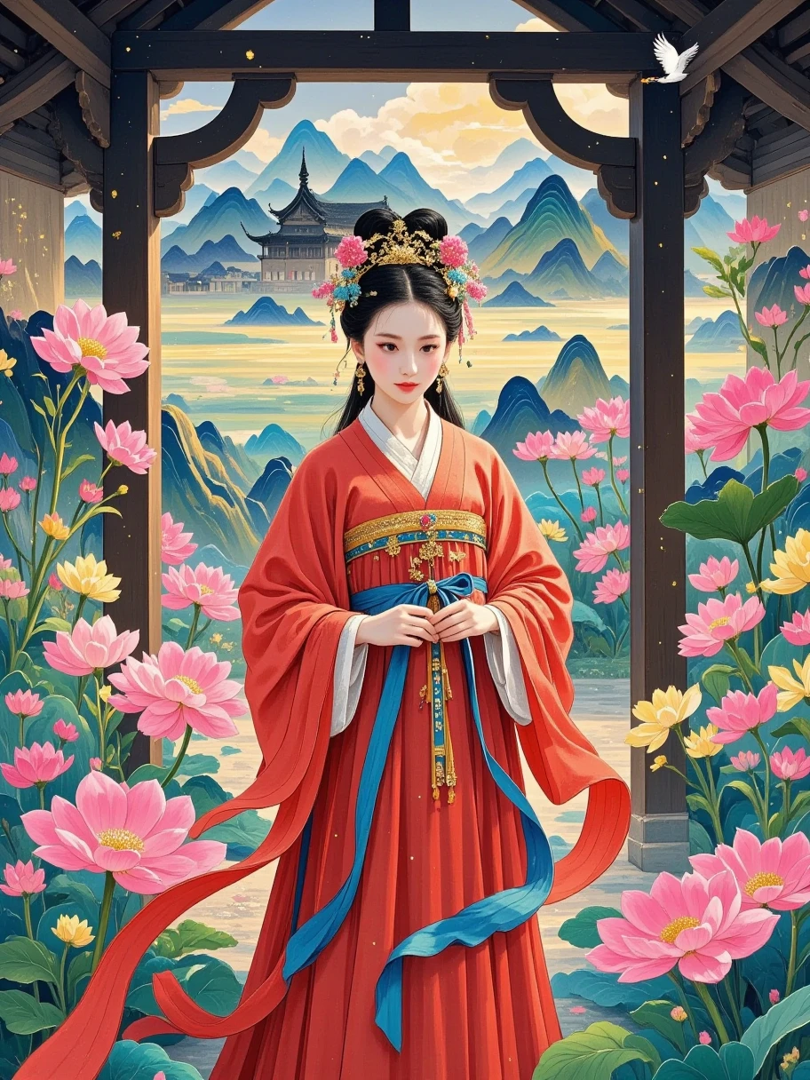  A woman in a red costume ，Sleeves fluttering。 She stands in a quaint pavilion ， The golden silk thread shines on the red coat 。 The soft light shines on the side ，The woman has a beautiful face ， deep eyesight 。 The background like a picture of the surrounding landscape ， echoes the red theme ， creates a solemn, warm and mysterious national style atmosphere {x}。