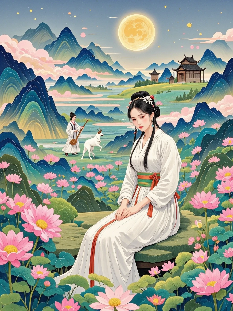 Chinese aesthetics，Portrait，Portrait of a Chinese person ，Song dynasty woman ， with elegant white satin ， and sat quietly on rice paper covered with delicate landscape paintings 。 The landscape flowed around her in a light ink color ， and artists in the distance Writing in the style of Li Shu 。 A stand-up perspective and clever use of light and shadow ， to create a peaceful two-dimensional feeling 。 morning light shines through the window ， shedding warm light on her face 。 Fresh colors and bright light create a serene atmosphere。 This scene was filmed with a wide-angle lens ， to show the overall 。