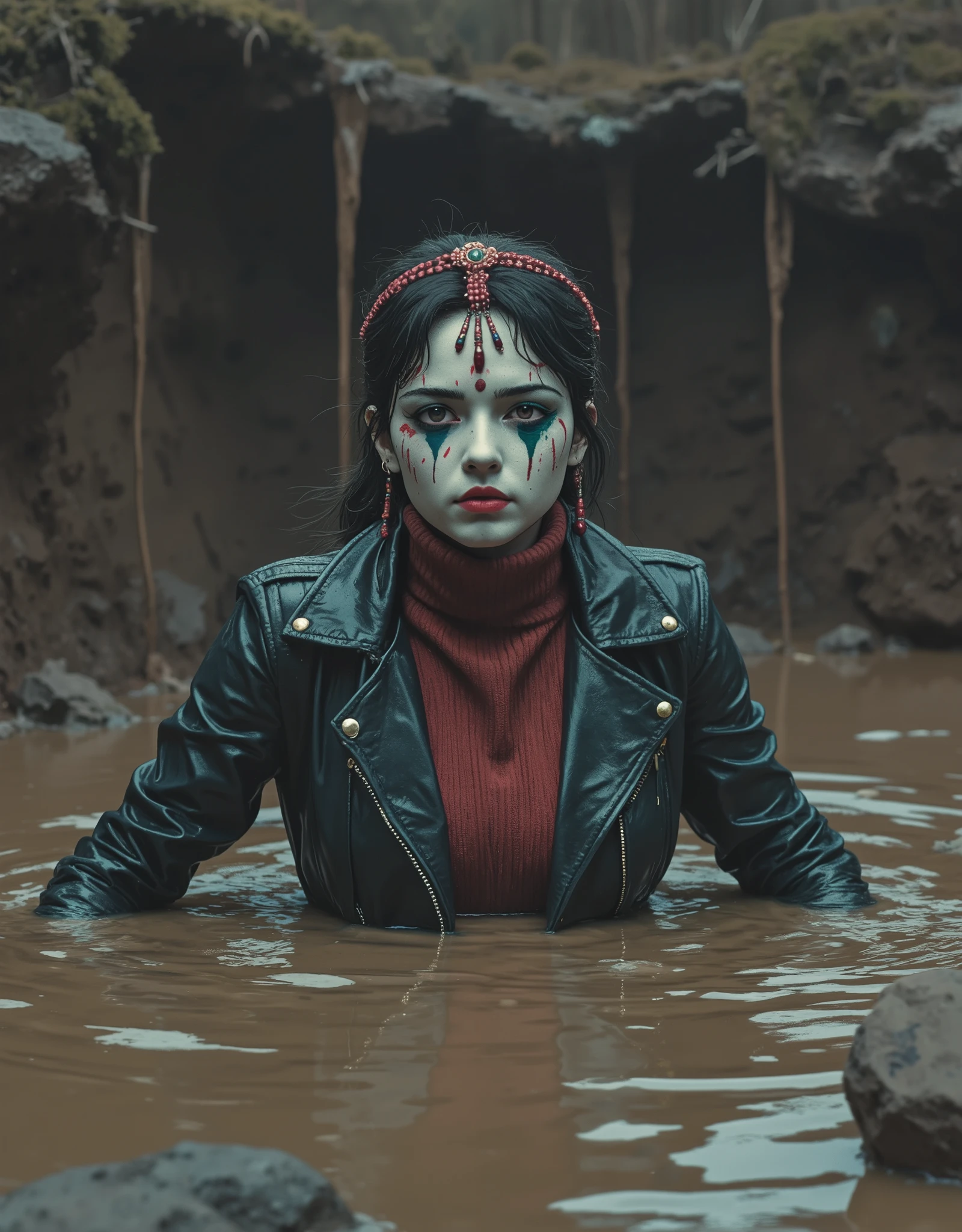 extremely detailed pale woman drowning in sticky sludge bog puddle, in leather jacket and turtleneck,жертва ритуала, грязевая яма, drowned below sludge, теряющий контроль, головной убор,традиционный макияж коренных народов, red green blue,