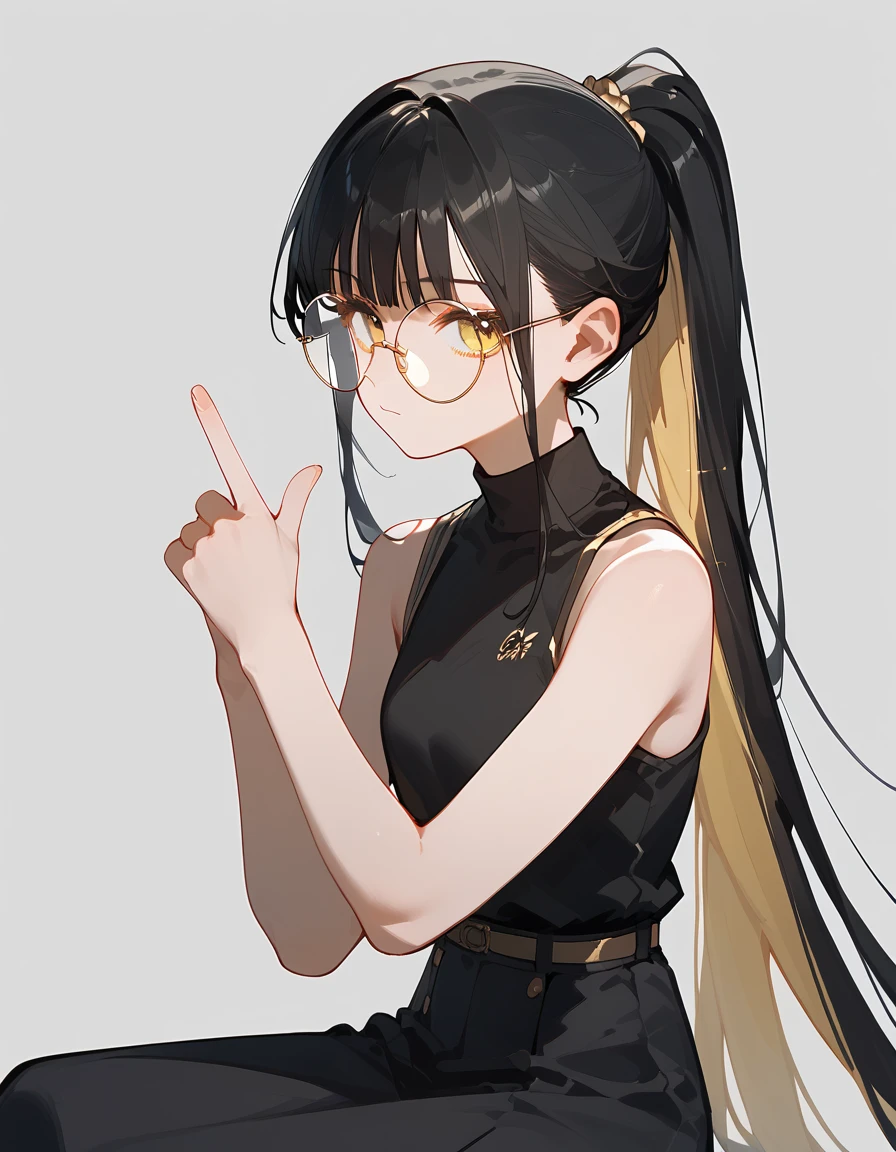 alone,girl,Black blonde hair,Bangs,girlบาร์, ,สวมRound glassesดำ,Long hair,Black hair ends, in golden bronze eyes ,Black hair ends, Black Sleeveless Top, black skirt,Sit, clap your hands,Round glasses,  Ponytail, Finger gun