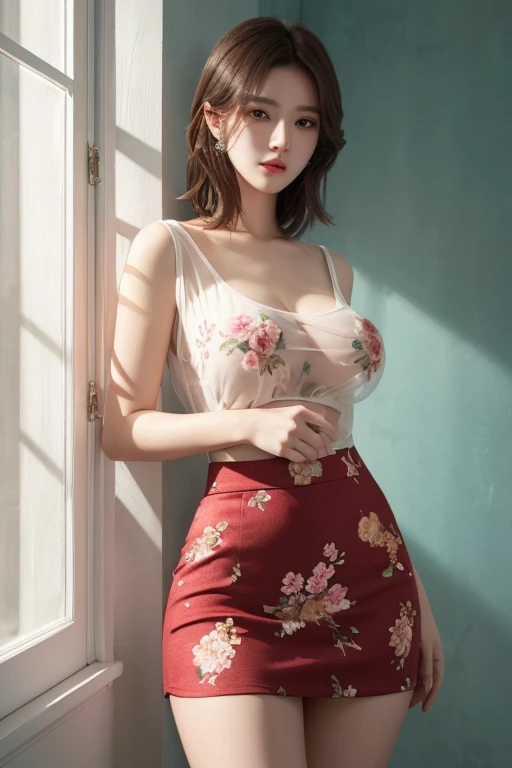 xinzhongshi, transparent shirt, patterned clothes, skirt, best quality, masterpiece, illustration, realistic, photo-realistic, amazing, finely detail, incredibly absurdres, huge filesize, ultra-detailed, highres, extremely detailed CG unity 8k wallpaper, nsfw,  Create an illustration of a young KPOP Korean girl wearing an ultra-short skirt and a sheer top with floral patterns that suggest the shape of her breasts and nipples. The image should be a close-up shot, emphasizing the play of light and shadow. The girl should be wearing makeup and have a fashionable hairstyle, striking a pose. The illustration should be presented in high resolution and set in an artistic environment with a stylish background.