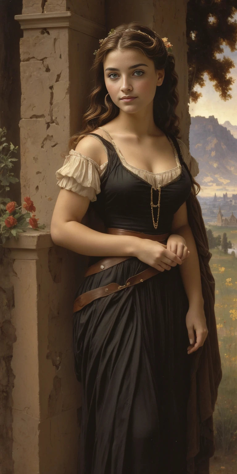 ((Persephone)),((  full body view)),((  high resolution)),(((im Stil von William-Adolphe Bouguereau))),((pale skin)),  deep cleavage  ,((  small breasts)),(freckled), (( brunette cute beautiful  girl)),((with blue eyes,   blushing cheeks,  long hair)) , (Smiling),  Save as fantasy warrior ,  tight clothing attached  , short black dress revealing , Bottomless, sexy armor,Ruin,Burg,Castle wall  ,Burghoff  ,  Middle Ages,((  masterpiece))