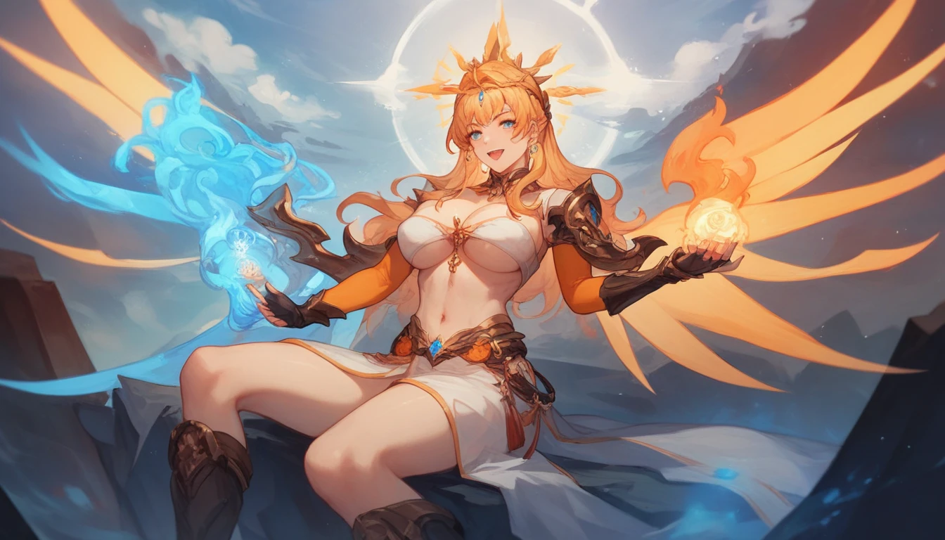 Super beautiful shining eyes、Beautiful demon sorceress casting fire spells、((Holding a long golden magician's wand))、Stand watch the viewer、various burning chains around her、((detailed flawless face)))、Light smile、beautiful countenance、seductive body、tall body、Mature body、BREAK Burning Aura、fireball、orange and yellow spark dazzling around、Little blue phoenix flying in the background、Lava on the ground、 the magma、Sexy Body Blake、detaileds、realisitic、4K highly detailed digital art、octan render、bio luminescent、Concept art in break 8K resolution、真实感、Mappa Studio、​masterpiece、top-quality、Official Art、illustratio、Ligne Claire、(cool_color)、perfect-composition、absurderes、Fantasia、focus、thirds rule、
