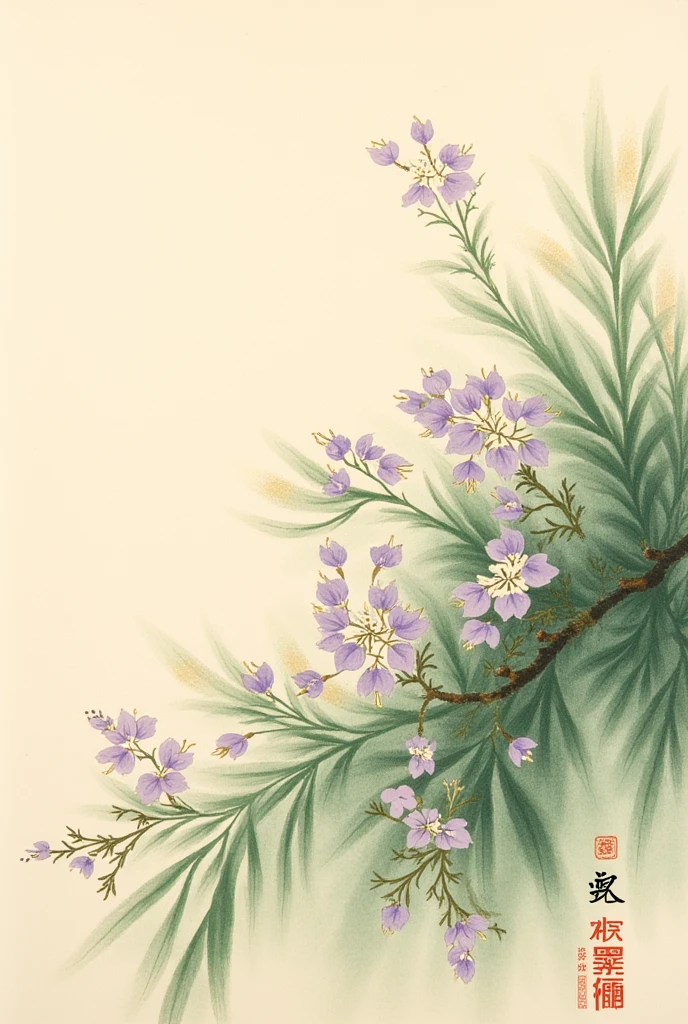   A traditional Chinese painting featuring delicate purple flowers blooming idst lush green leaves ,  Inspired by classical Chinese art  . The background should be soft ,   in soft beige tones ， with subtle gold tones and abstract grass-like patterns ，depth .   Add intricate details to the leaves  ,   show realistic context and various earthy green tones  .   with other small plants and flowers  ,   to maintain a serene composition  .   use watercolor or ink painting styles to capture the elegance and serenity of traditional Chinese aesthetics .
 