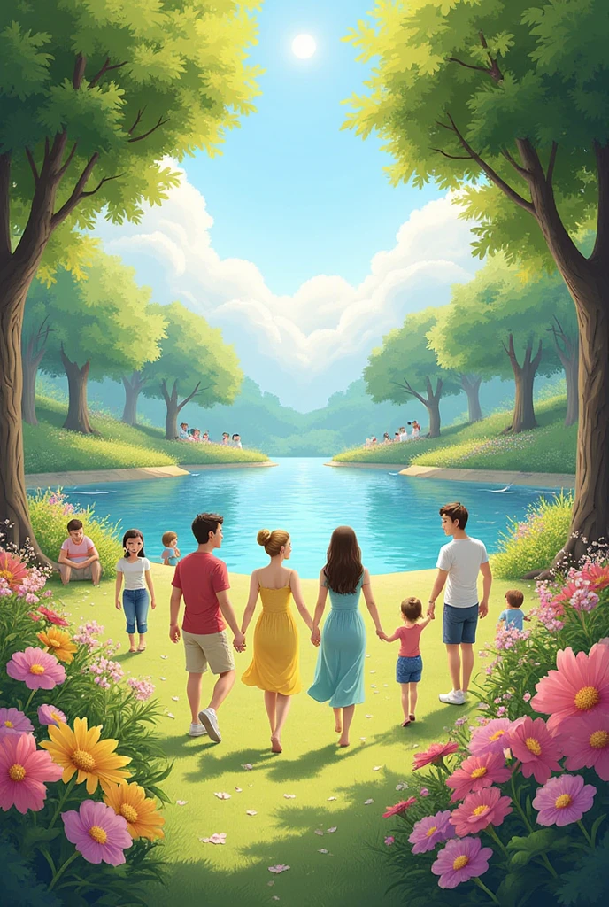 "An enchanting place , filled with natural beauty and vibrant energy , where love and happiness overflow in every corner . surrounded by green trees , colorful flowers and a serene lake , people come together in harmony . Families smile as ren play , couples exchange affectionate glances and friends share moments of joy. The sun shines in the blue sky , illuminating the scene with warmth and light , while the environment echoes laughter and happy voices . A true paradise of connection , joy and love."
