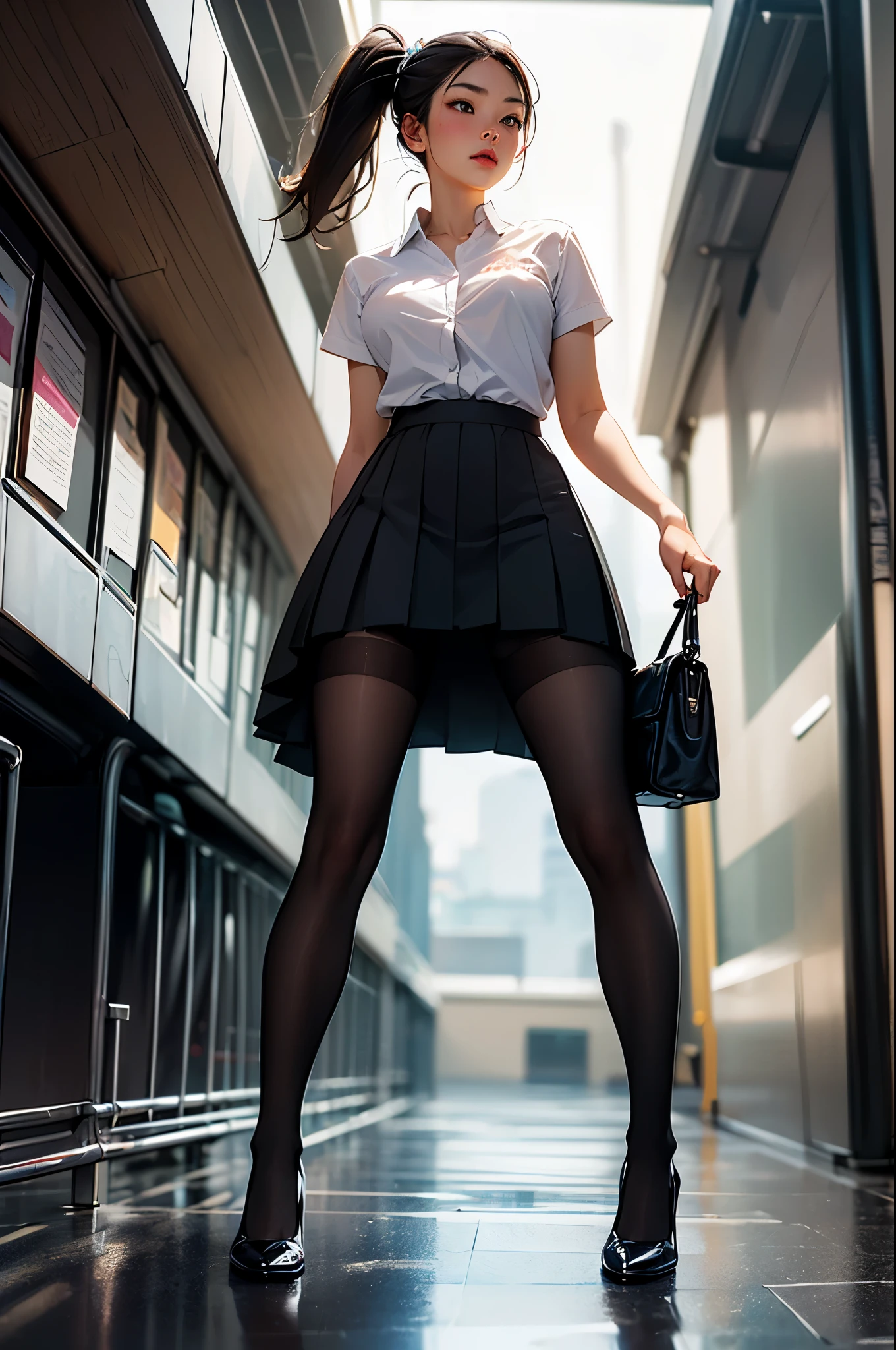 (masterpiece, IMAX cinematic quality:1.3),
(office:1.2), Beautiful face,
A woman in a high school uniform sitting, her legs spread and lifts her skirt , wearing Lofer, It's live-action, peeing , Ponytail hair, Blushed face, Medium breast, lots puddle of pee at feet, (From below:1.2), Black pantyhose,
(ultra-realistic portrayal blending urban style with the allure of an Asian woman in a candid moment:1.3),