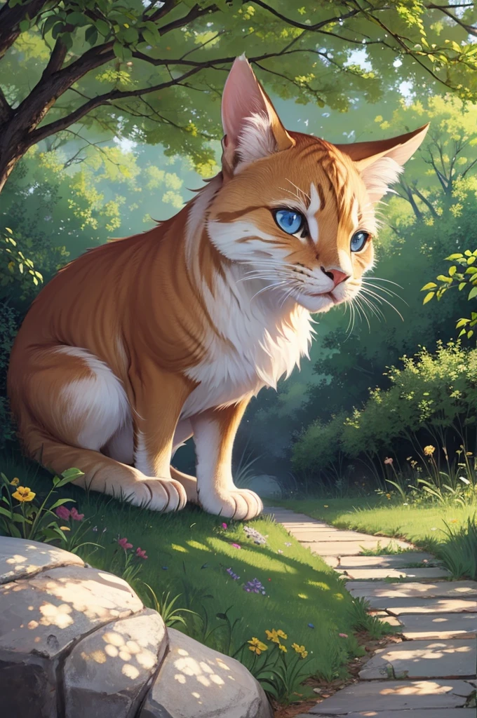 (feral cat with orange/white fur1.5), blue eyes, (cheeky smilie), detailed fur, cat pose on the ground in a forest with a lake, 24k resolution, highly detailed, (natural front light:0.5), (full body shot:1.3), (realistic style:1.5)