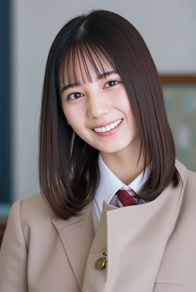 Japanese woman,18 yo,,slender figure,beautiful skin,shows the whole body,top quality,white skin,smile,in classroom,japanese school uniform,blazer