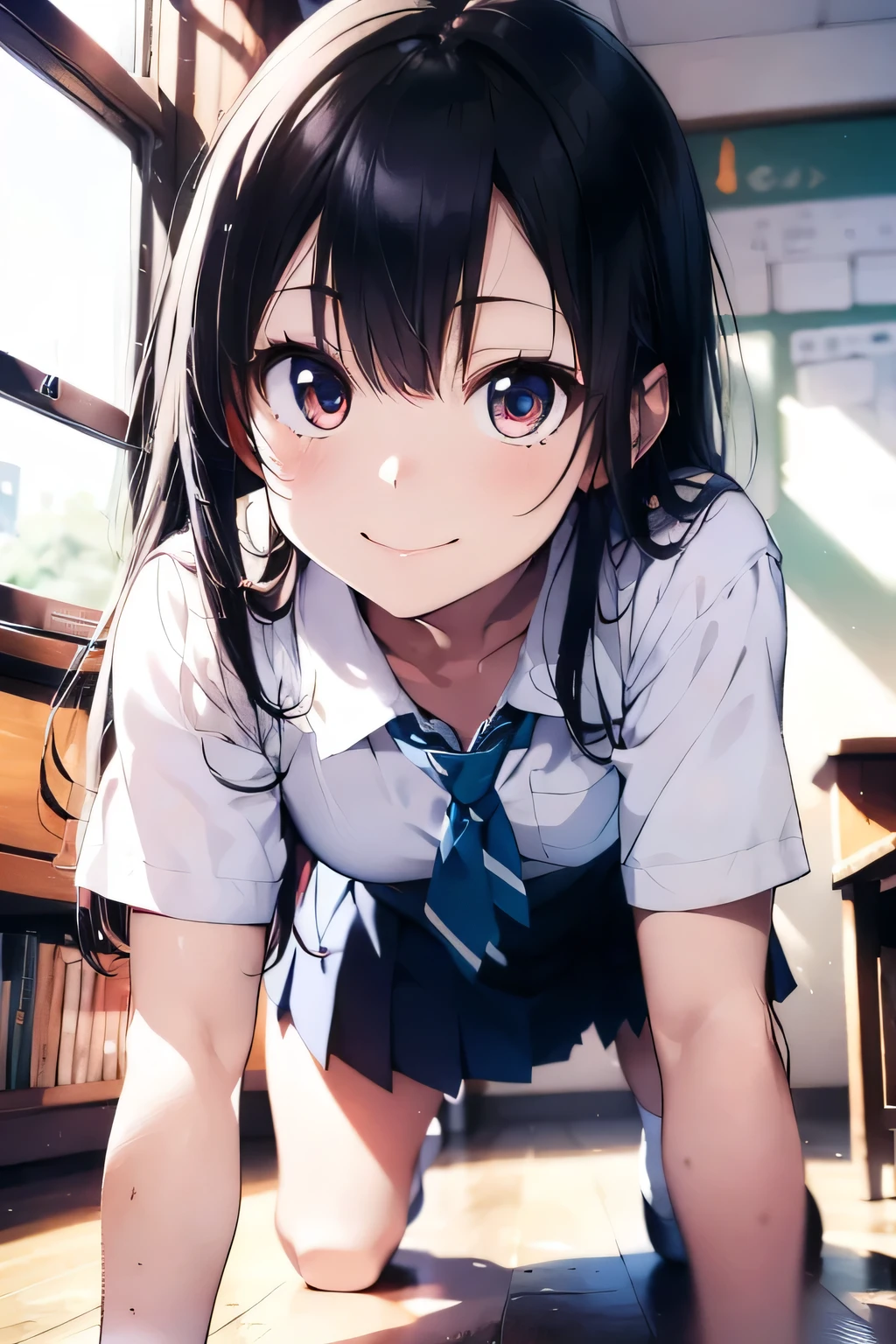 (extremely high quality artwork), (extremely detailed CG 8k), (masterpiece) ,(extremely cute girl), short, (innocent face), ((innocent smile)), shiny hair, (slim body), (small breasts), ((finely detailed beautiful eyes)), (eyes with brightness), look at viewer, (seductively posing on all fours on floor), (spread legs), (school uniform), (white sailor suit), (((lower body is completely naked))), beautiful skin, pale skin, shiny skin, (bright color), vibrant colors, natural light, (glare), 
