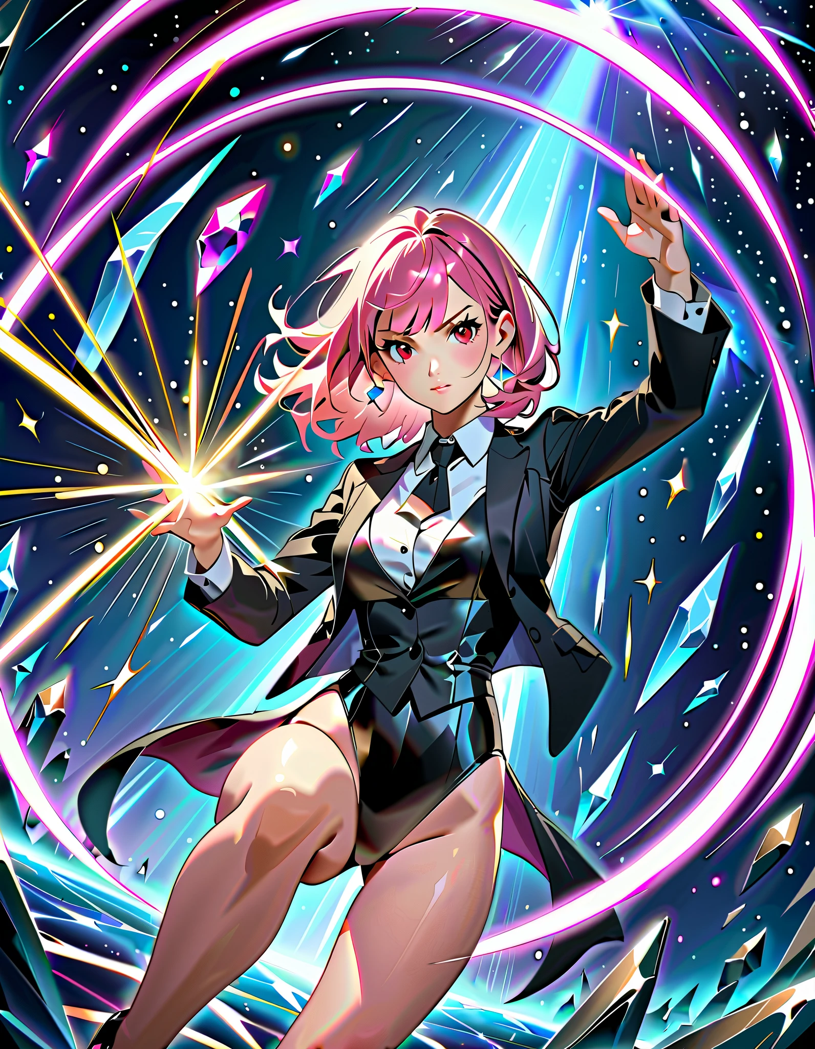 Masterpiece, best quality, high resolution, 8k, 1female, pink hair, medium hair, bangs, crystal earrings, red eyes, site collared shirt, black vest, high leg, black leotard, bare legs, black high heels, black suit jacket, magician, casting a spell, standing battle stance, spellcasting, magic, space backdrop, diffraction spikes, light particles, Dutch angle, fix hands.