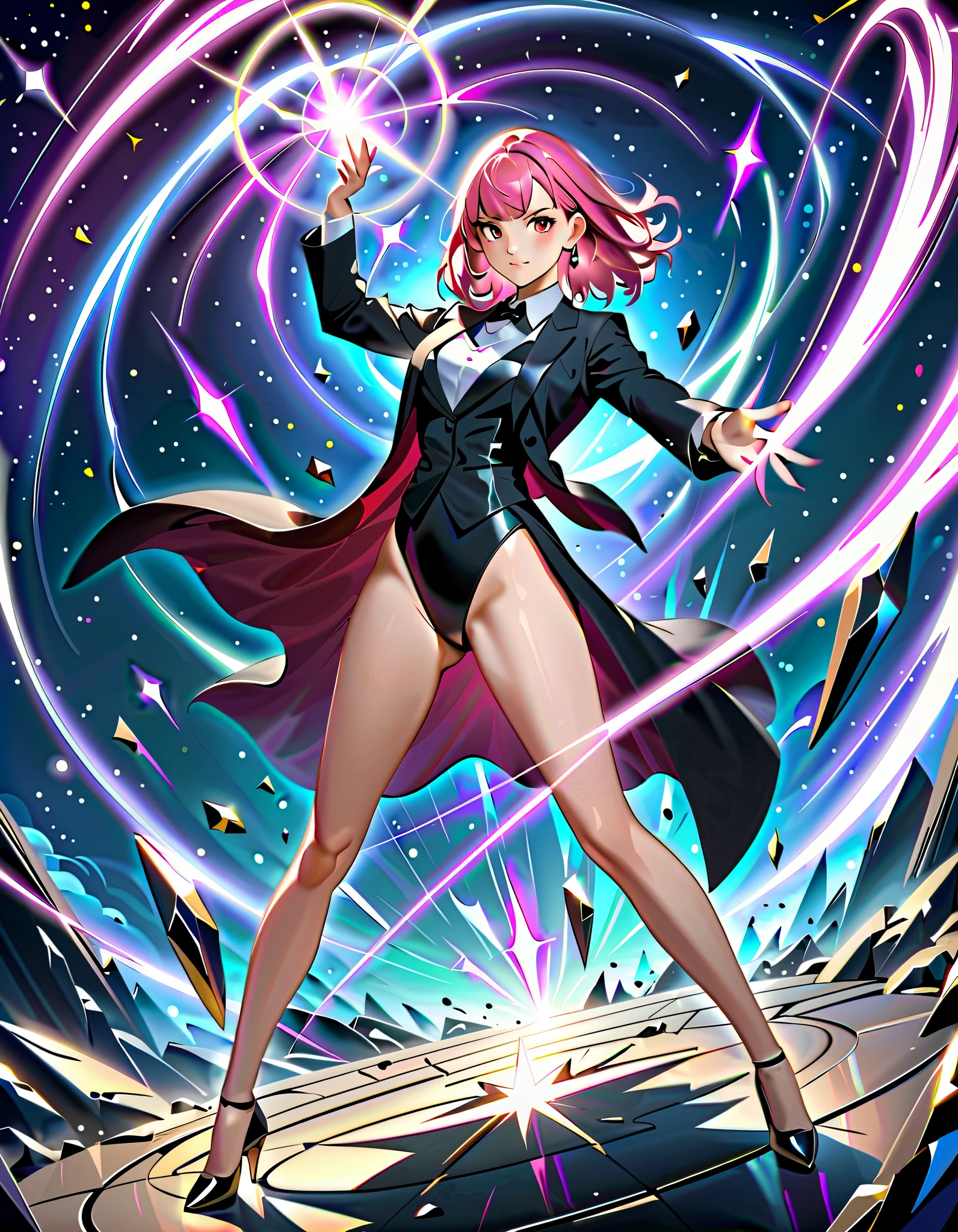 Masterpiece, best quality, high resolution, 8k, 1female, pink hair, medium hair, bangs, crystal earrings, red eyes, site collared shirt, black vest, high leg, black leotard, bare legs, black high heels, black suit jacket, magician, casting a spell, standing battle stance, spellcasting, magic, space backdrop, diffraction spikes, light particles, Dutch angle, fix hands.