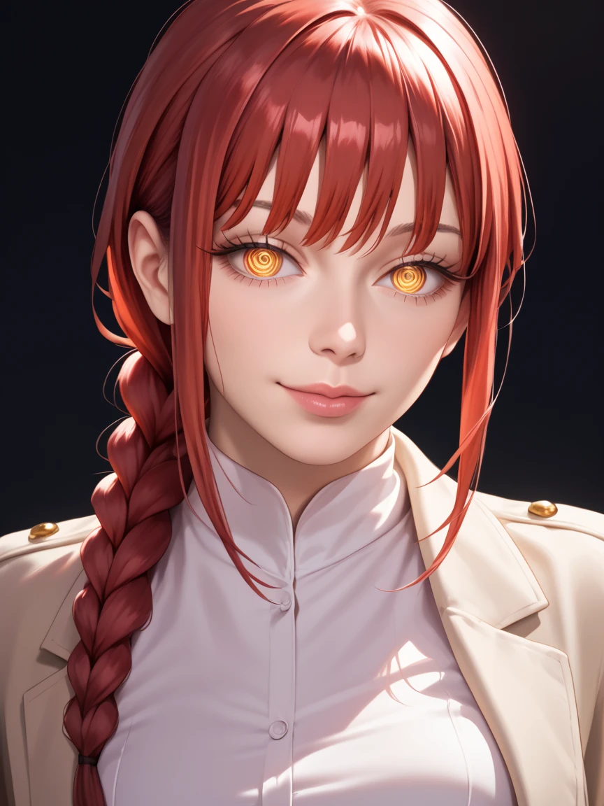 masterpiece, (photorealistic:1.4), best quality, light, (ulzzang-6500:0.5), makima \(chainsaw man\), (red hair)+(long braided hair)+(bangs), yellow eyes, golden eyes, ((ringed eyes)) ,glossy lips ,tKafkaOutfit,jacket eyewear on head, seductive smile, medium breast, cowboy shot, red hair, raw photo