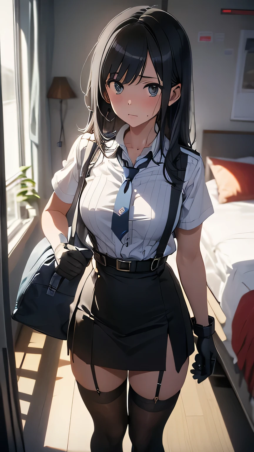 High Quality , masterpiece, super high res, ( realism: 1.4), oil painting style , movie lighting, , I stood on an empty asphalt road and watched it.., and、flying crane suspenders 　　 Big Breasts　 　 　　　　 Small Face 　 　　　　　　　　　　 lying on the bed　 looks up at the 　　　　sweat 　　　belt　buzzer　脇sweat 　 black hole gloves 　suit　　　　 miniskirt　garterbelt　Foot Link　ズボンのbelt　　　 　　 place hands on back 　 uneasy expression　 looks up at the 　 uneasy expression　Knee-length　 knee socks　Knee-length socks garter belt　garter　Garterbelt on thighs, place hands on back 　　restrict　handcuffs　Cable ties　Cable ties on thumbs　 big boobs
