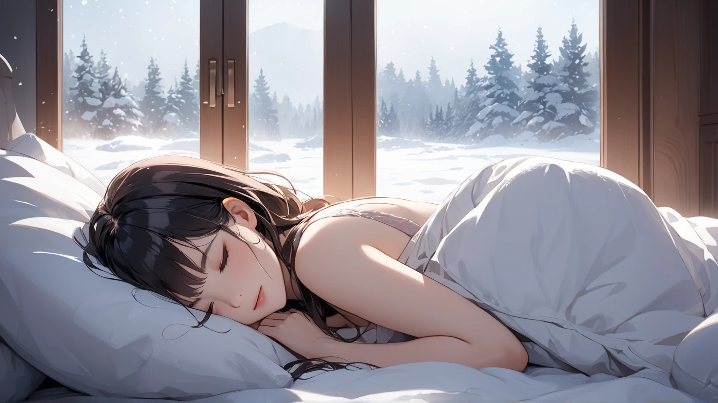 ((Top Quality)), ((Masterpiece)), ((Details), snowy window, snowy night, woman lying in bed, woman sleeping