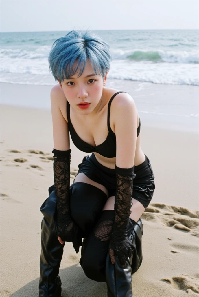  best quality, (masterpiece:1.2),  very detailed, 
 one girl , Alone,
 viewers on a sandy seashore,  make you blush,   Medium Chest,  embarrassed expression、
Teary-eyed,  blue hair,  shorthair 、Perm Hair、(( Pantyhose))、bedroom、(( Sailor Mercury))、(( LONG GLOVES INI SKIRT)、(( knee-high boots))、 my clothes are torn、 pants that are open again、 open legs、 black pants、Leg spread、Bra visible