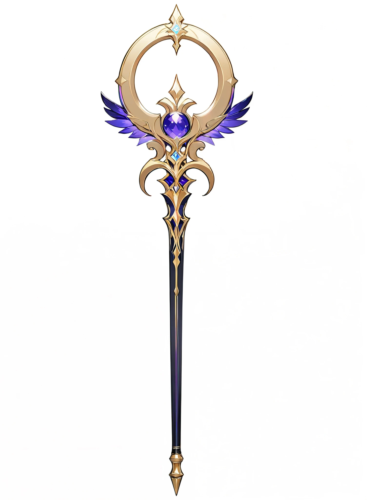 (masterpiece, best quality:1.5) Arcana weapons , white background , there are no humans, Weapon Design, cane, sharp lines, white background , 긴 cane, colorful style, Pretty Design , let's look at it head-on