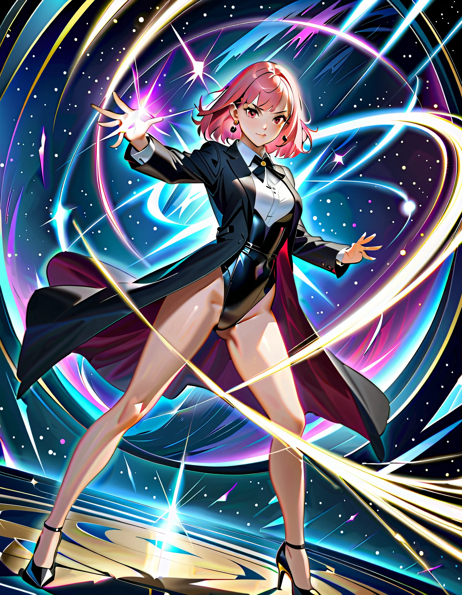 Masterpiece, best quality, high resolution, 8k, 1female, pink hair, medium hair, bangs, crystal earrings, red eyes, site collared shirt, black vest, high leg, black leotard, bare legs, black high heels, black suit jacket, magician, casting a spell, standing battle stance, spellcasting, magic, space backdrop, diffraction spikes, light particles, Dutch angle, fix hands.