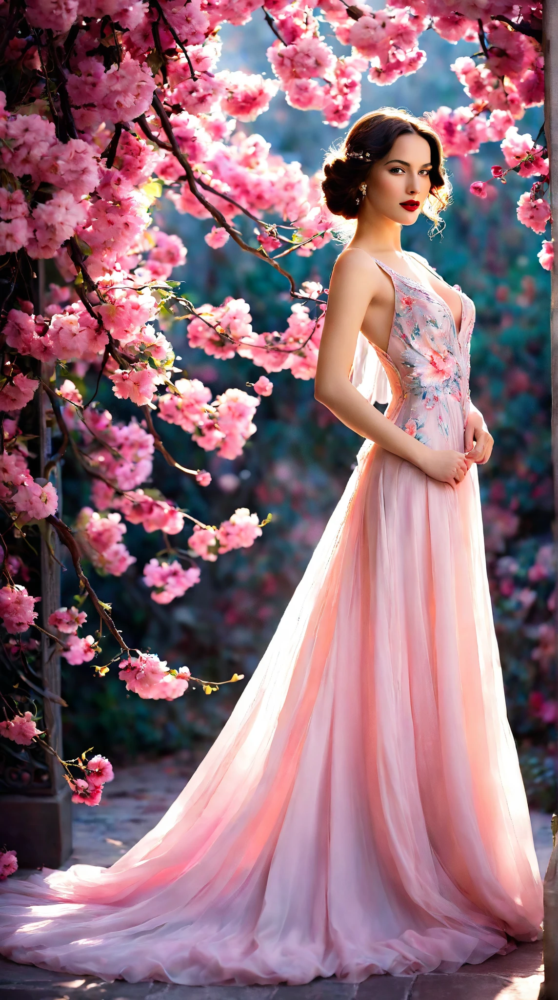 In a whimsical floral backdrop, a graceful European woman full body elegant shot from the 1920s stands in elegant poise, embodying a dreamlike essence. Her delicate features glow softly, illuminated by the ethereal light filtering through lush, pastel blossoms. Dark waves of hair cascade gently around her shoulders, framing her serene expression.

She wears a flowing gown of bright magical pink radiants one of a kind silk that billows delicately, enhancing her tranquil presence. Her striking red lips provide a vivid contrast, infusing life into the soft, monochromatic hues of the scene.

The artwork is reminiscent of an enchanting ink painting, where fluid brush strokes and intricate line work convey a sense of nostalgia and magic. Soft shades of ink merge seamlessly, while the background bursts with an array of pastel flowers, evoking a breathtaking, dreamlike atmosphere. This composition radiates tranquility and romance, inviting viewers into a timeless moment that feels both captivating and ephemeral.