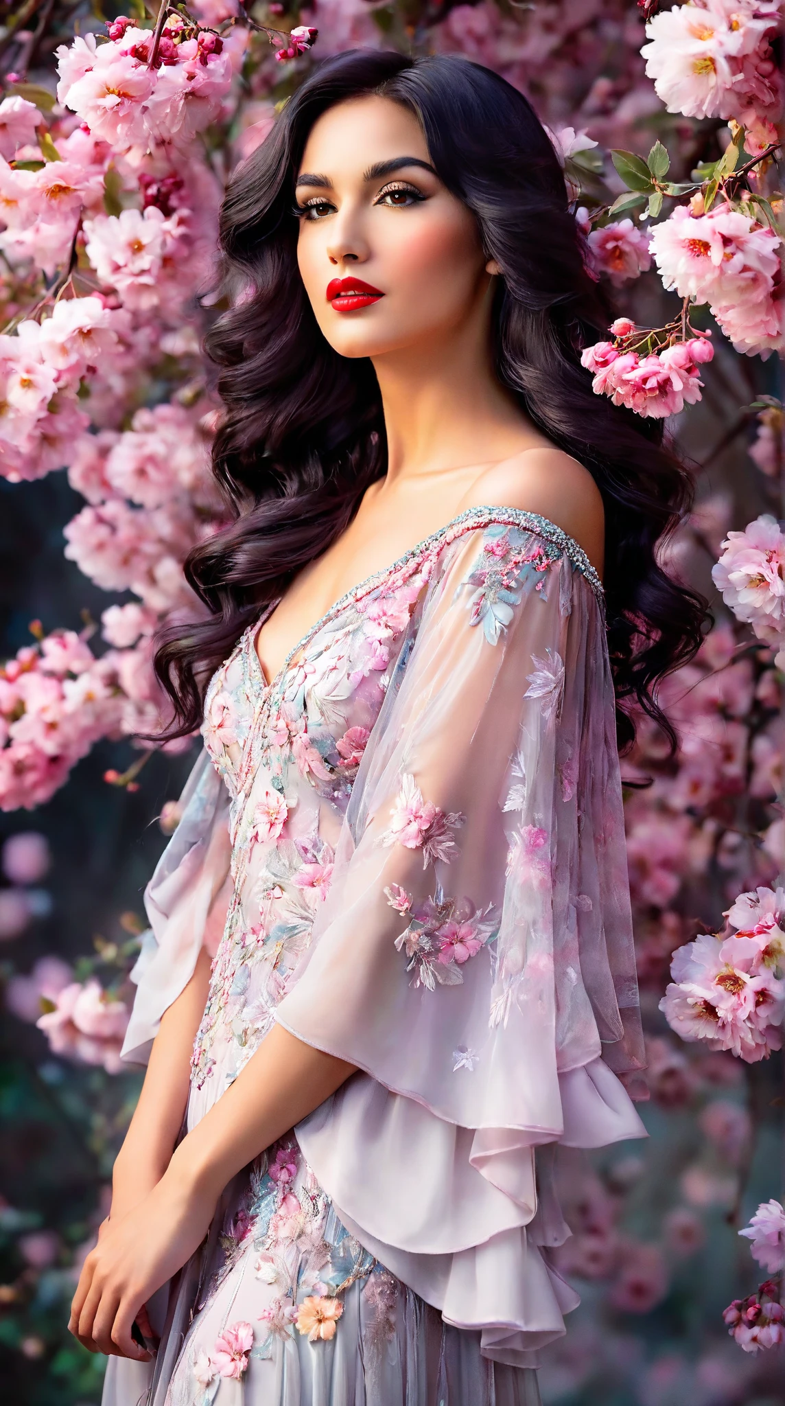 In a whimsical floral backdrop, a graceful European woman, elegant shot from the 1920s stands in elegant poise, embodying a dreamlike essence. Her delicate features glow softly, illuminated by the ethereal light filtering through lush, pastel blossoms. Dark waves of hair cascade gently around her shoulders, framing her serene expression.

She wears a flowing gown of bright magical pink radiants one of a kind silk that billows delicately, enhancing her tranquil presence. Her striking red lips provide a vivid contrast, infusing life into the soft, monochromatic hues of the scene.

The artwork is reminiscent of an enchanting ink painting, where fluid brush strokes and intricate line work convey a sense of nostalgia and magic. Soft shades of ink merge seamlessly, while the background bursts with an array of pastel flowers, evoking a breathtaking, dreamlike atmosphere. This composition radiates tranquility and romance, inviting viewers into a timeless moment that feels both captivating and ephemeral.