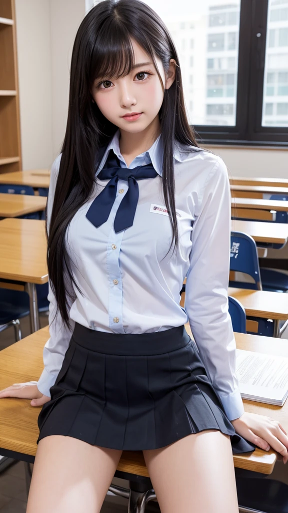 Best Quality、High resolution、A beautiful high school girl spreads her legs to show off her pussy、Long Black Hair、Firm breasts、Student Uniform,Blue collared long sleeve shirt、mini skirt、Great style、nsfw, sitting on desk, legs wide open:1.5, Pussy:1.5, Detailed Pussy:2.0、The shirt and skirt don&#39;t go together、The correct structure of the human body、nsfw, セクシーポーズ1.5、頬が赤い、オーガズム2.0、黒いストッキング