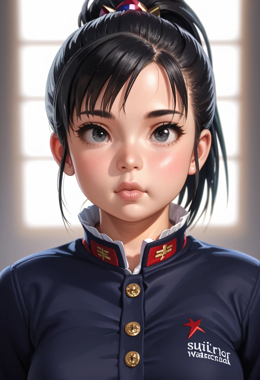 (1girl:1.3), Masterpiece, Best quality, amazing beauty, 4K, absurdres, finely detail, super detailed eye, perfect anatomy, official art, cinematic lighting, BREAK, silky ponytail, (black hair:1.5), ((super shiny detailed black eye)), cute eyes, facing this way, full lips, Plump face, (((round face))), (((young face:1.5))), BREAK , A-cup breasts, short stature, (((:1.5))), ((Young body)), , BREAK , , BREAK,()