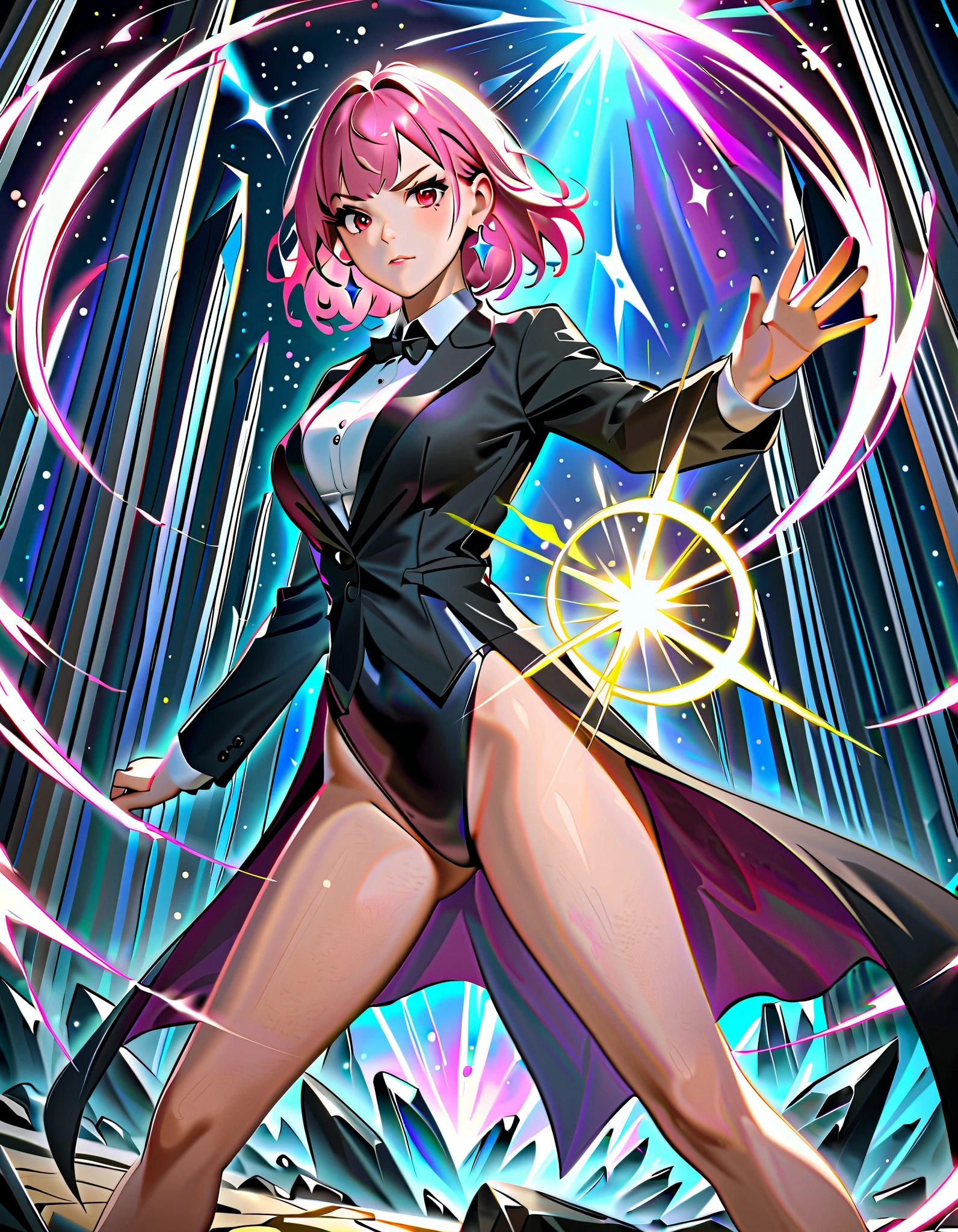 masterpiece, best quality, high res, 4k, 8k, 1girl, solo, solo focus, 1female, pink hair, medium hair, bangs, crystal earrings, red eyes, site collared shirt, black vest, high leg, black leotard, bare legs, black high heels, black suit jacket, magician, casting a spell, standing battle stance, spellcasting, magic, space backdrop, diffraction spikes, light particles, Dutch angle, fix hands.