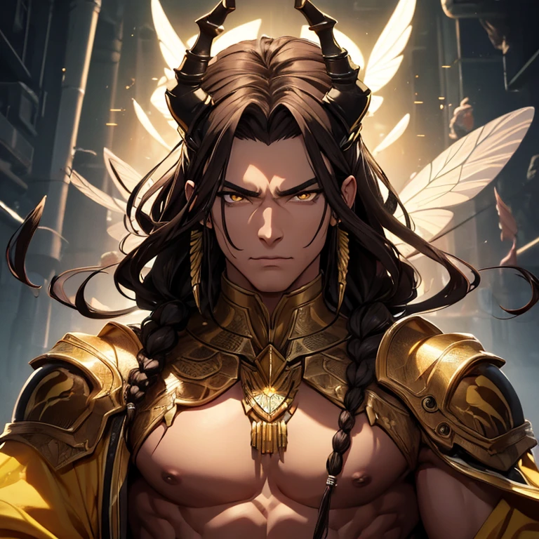 Tall male in the age range of 25-40, with long, dark and straight hair, and a strong athletic physique. Fair skin, athletic-muscular build, and pale or white colored eyes. Extremely sexy and hot, attractive. A black and gold velvet armor, although not very protective, probably expensive-looking, with a permanent and thick black shadow aura surrounding him. The aura is very strong and people can touch it.