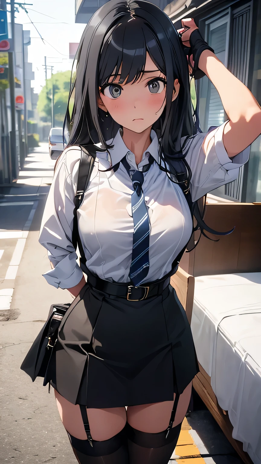 High Quality , masterpiece, super high res, ( realism: 1.4), oil painting style , movie lighting, , I stood on an empty asphalt road and watched it.., and、flying crane suspenders Big Breasts Small Face lying on the bed looks up at the sweat belt buzzer 脇sweat black hole gloves suit miniskirt garterbelt Foot Link ズボンのbelt place hands on back uneasy expression looks up at the uneasy expression Knee-length knee socks Knee-length socks garter belt garter Garterbelt on thighs, place hands on back restrict handcuffs Cable ties Cable ties on thumbs big boobs