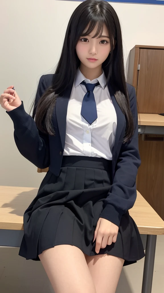 Best Quality、High resolution、A beautiful high school girl spreads her legs to show off her pussy、Long Black Hair、Firm breasts、Student Uniform,Blue collared long sleeve shirt、mini skirt、Great style、nsfw, sitting on desk, legs wide open:1.5, Pussy:1.5, Detailed Pussy:2.0、The shirt and skirt don&#39;t go together、The correct structure of the human body、nsfw, セクシーポーズ1.5、頬が赤い、オーガズム2.0、黒いストッキング